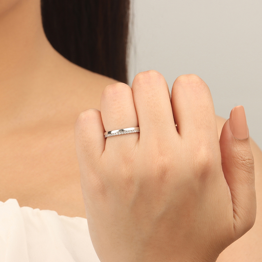 Pave Setting Round Platinum Narrow Eternity Diamond Rings
