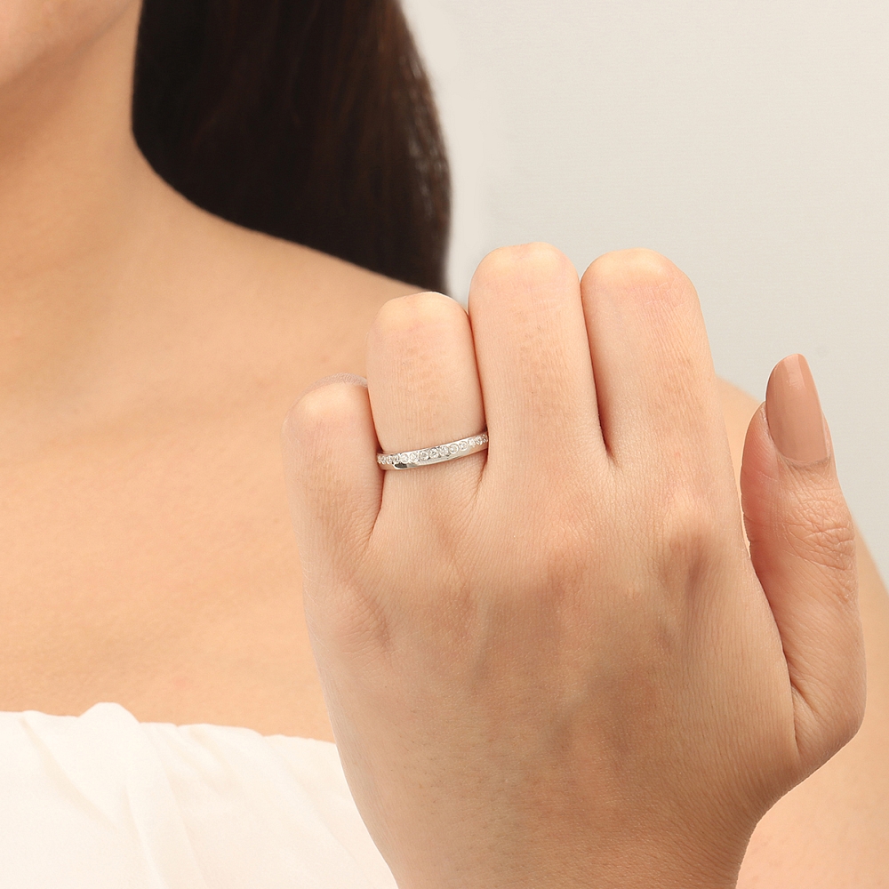 Flush Setting Round Platinum Unusual offest Diamond Rings