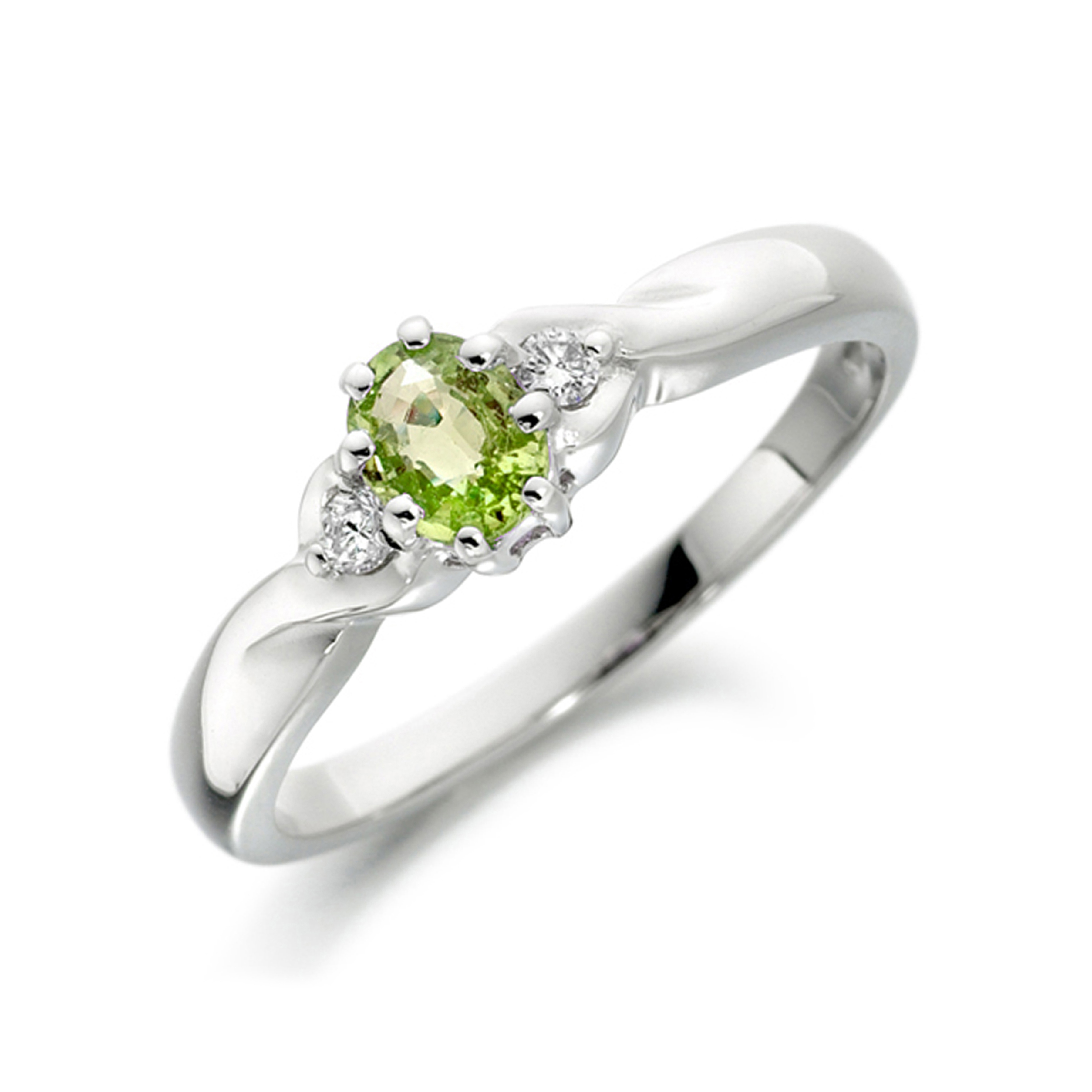 6X4mm Oval Peridot Three Stone Diamond And Gemstone Engagement Ring