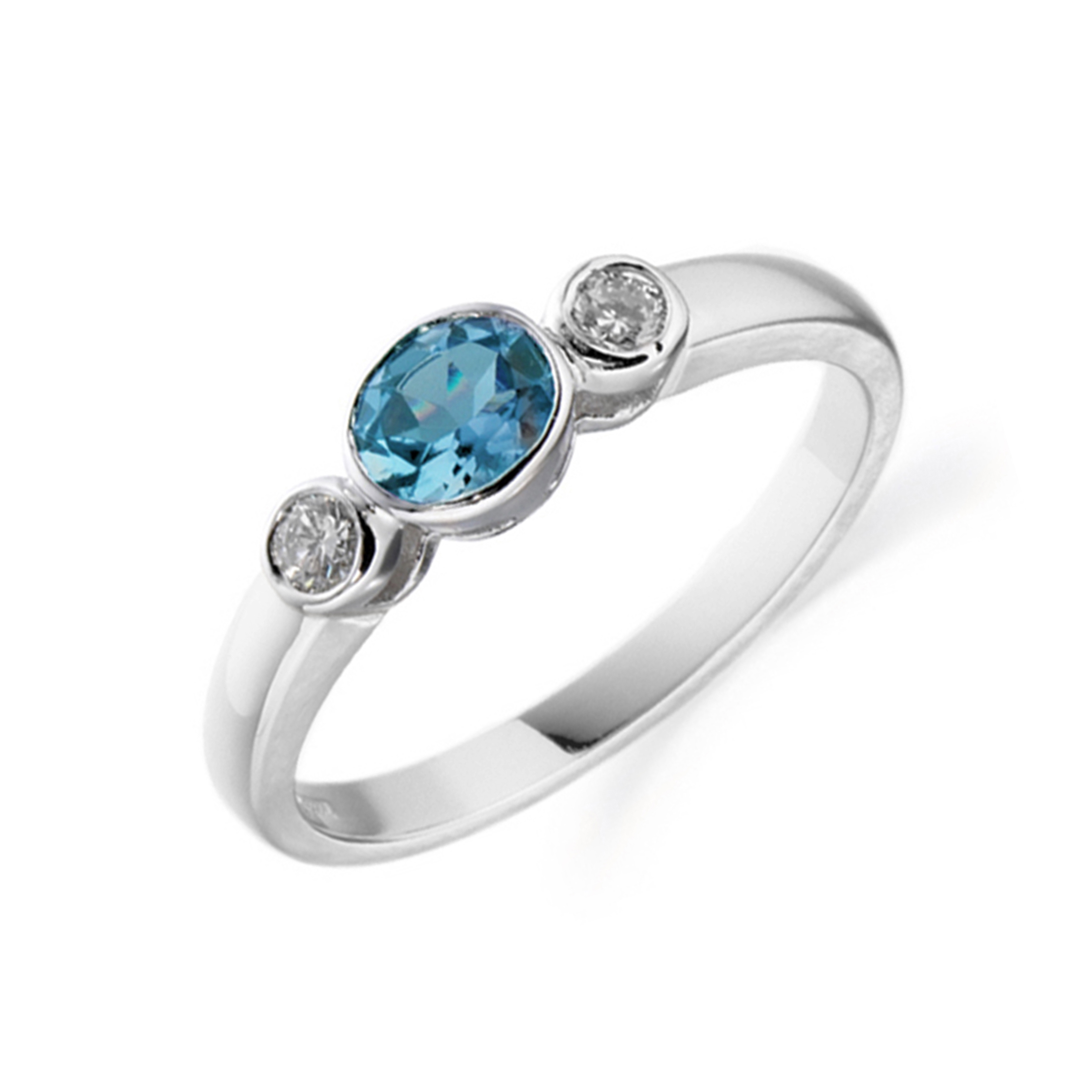 6X4mm Oval Blue Topaz Three Stone Diamond And Gemstone Engagement Ring