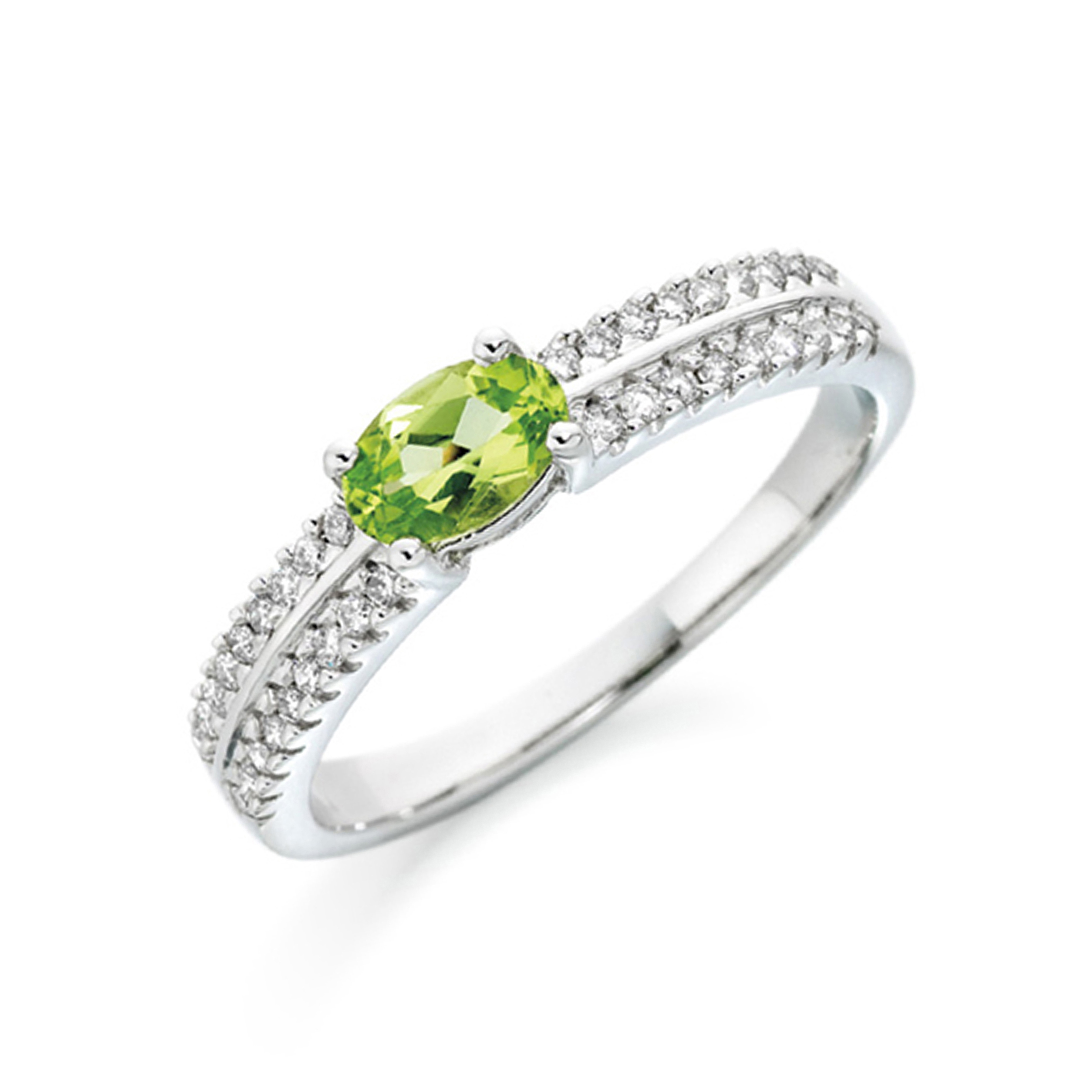 6X4Mm Oval Peridot Side Diamond And Gemstone - Engagement Ring