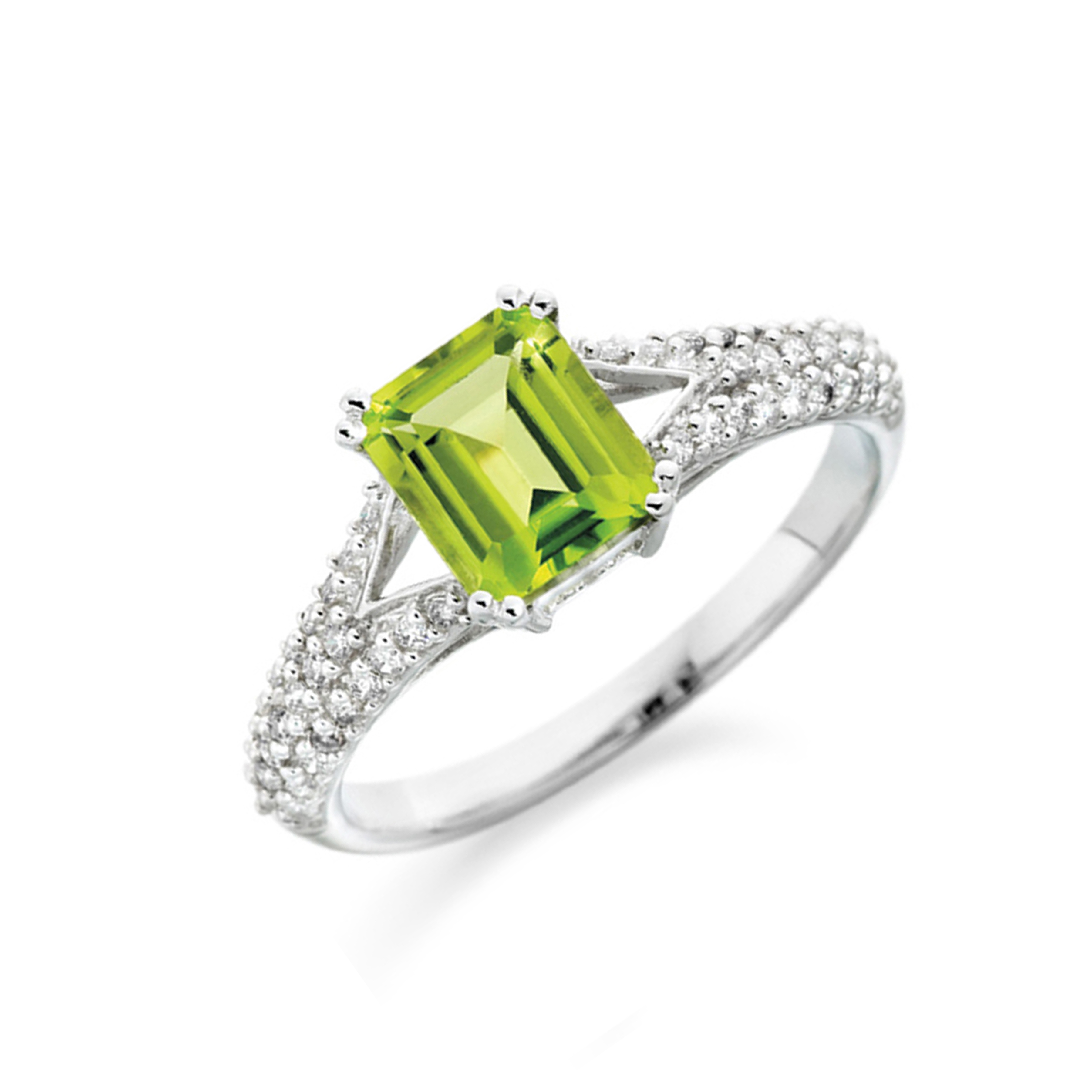 6X5mm Radiant Peridot Stones On Shoulder Diamond And Gemstone Engagement Ring