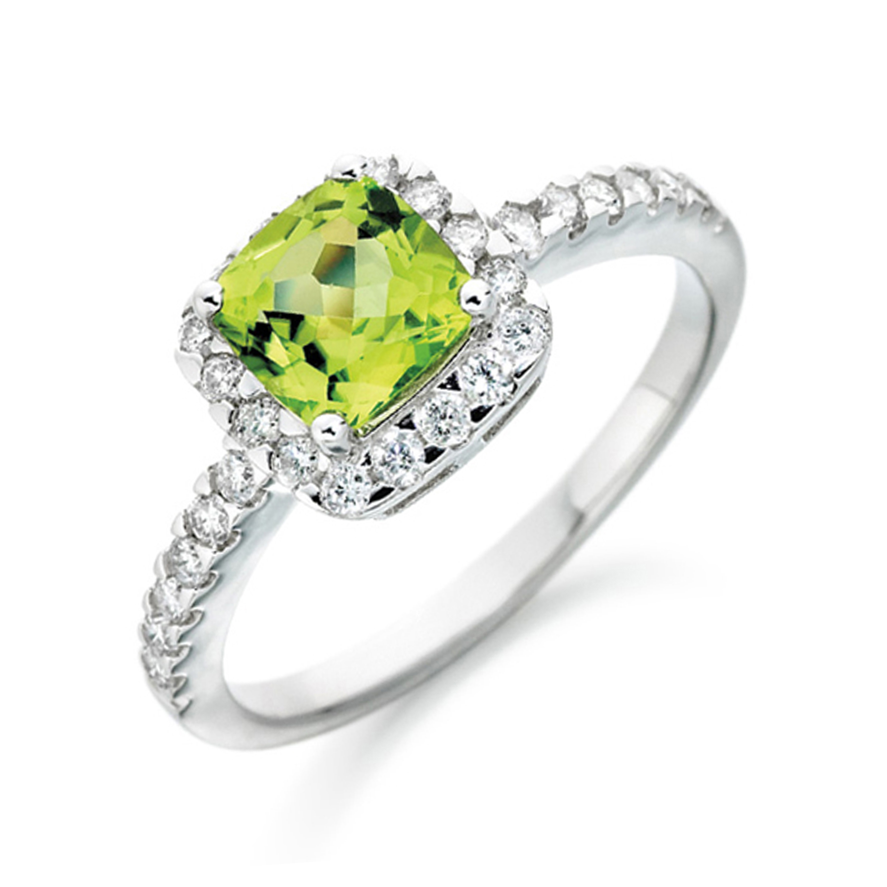 4X4mm Cushion Sqare Peridot Stones On Shoulder Diamond And Gemstone Engagement Ring