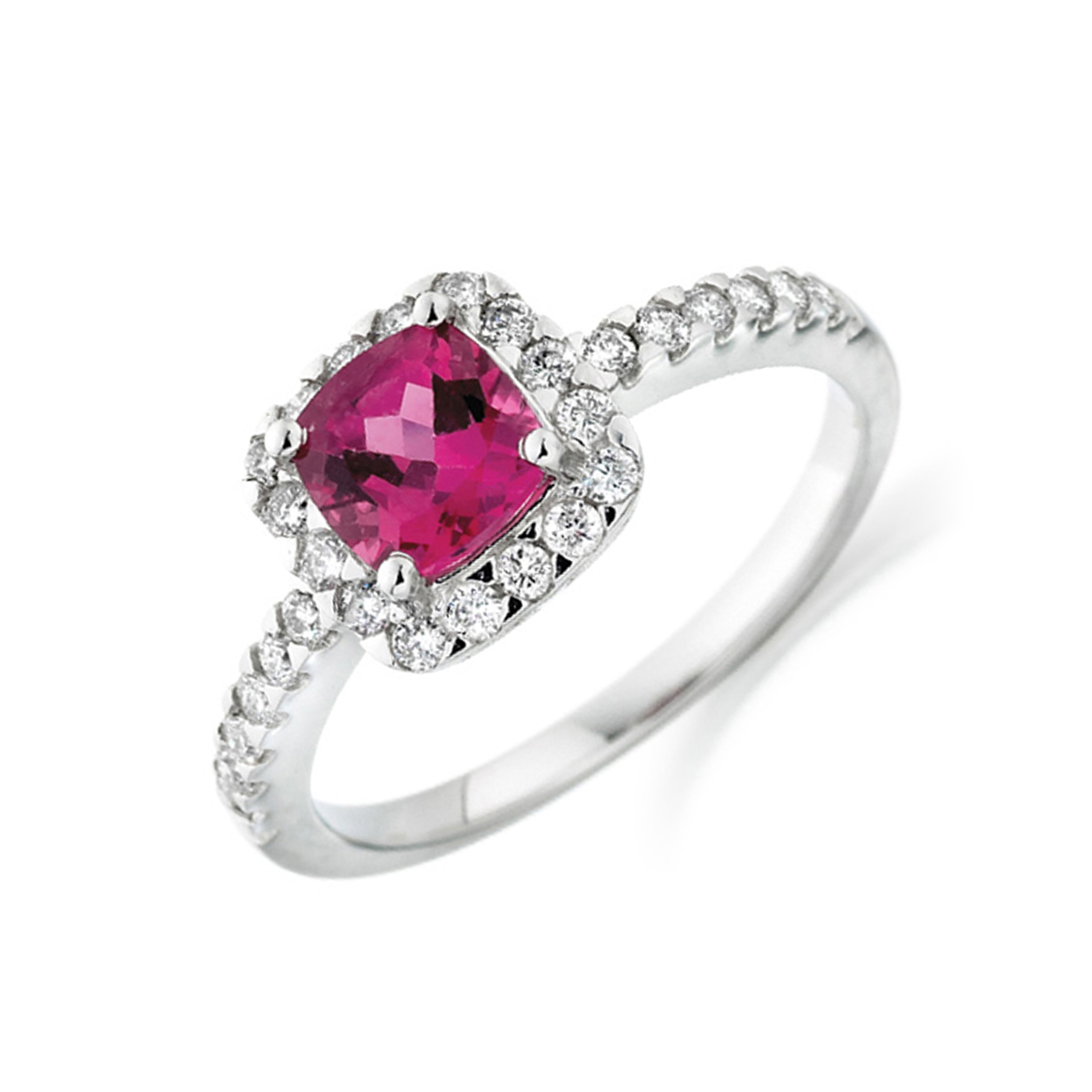 4X4mm Cushion Sqare Pink Tourmaline Stones On Shoulder Diamond And Gemstone Engagement Ring