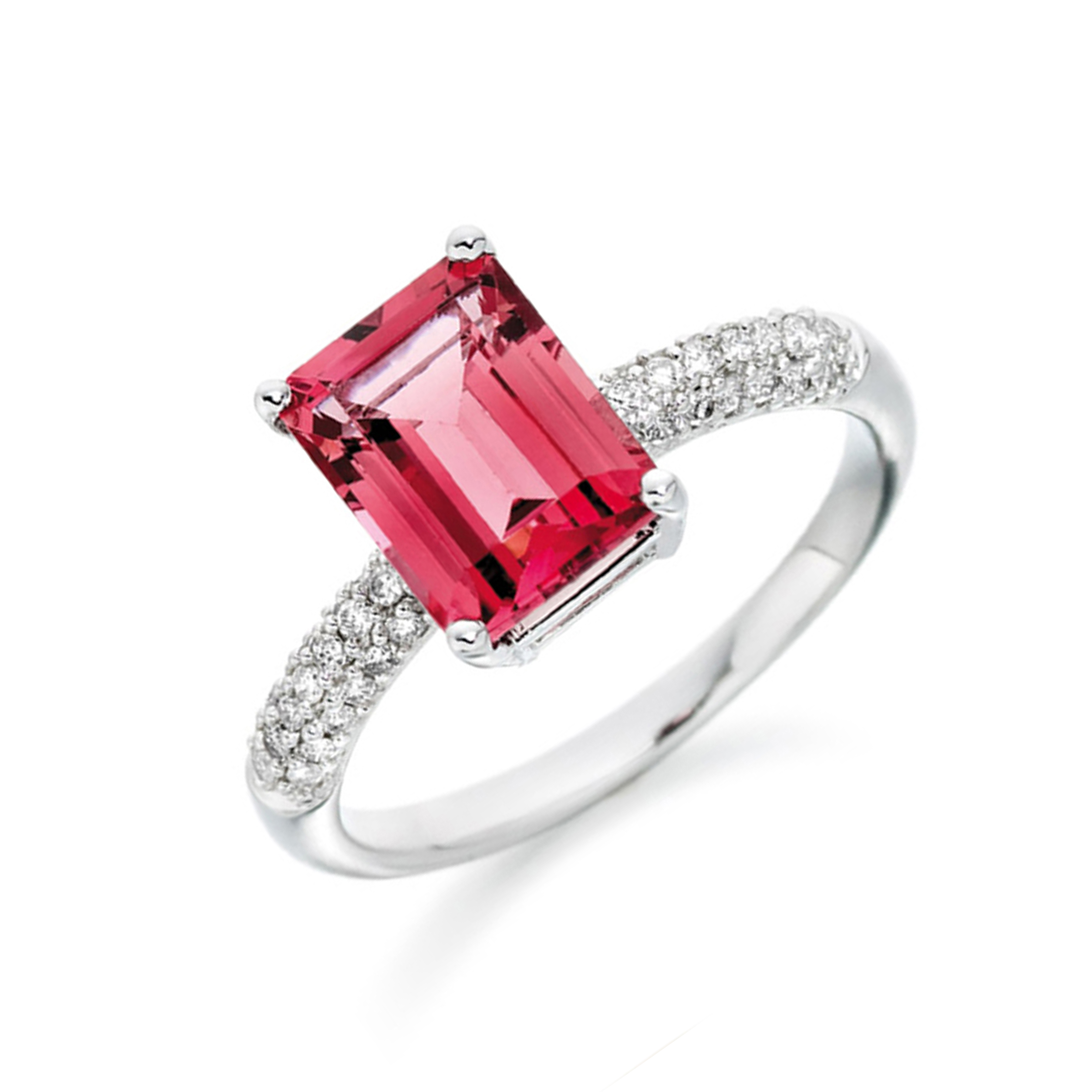 8X6mm Radiant Pink Tourmaline Stones On Shoulder Lab Grown Diamond And Gemstone Engagement Ring
