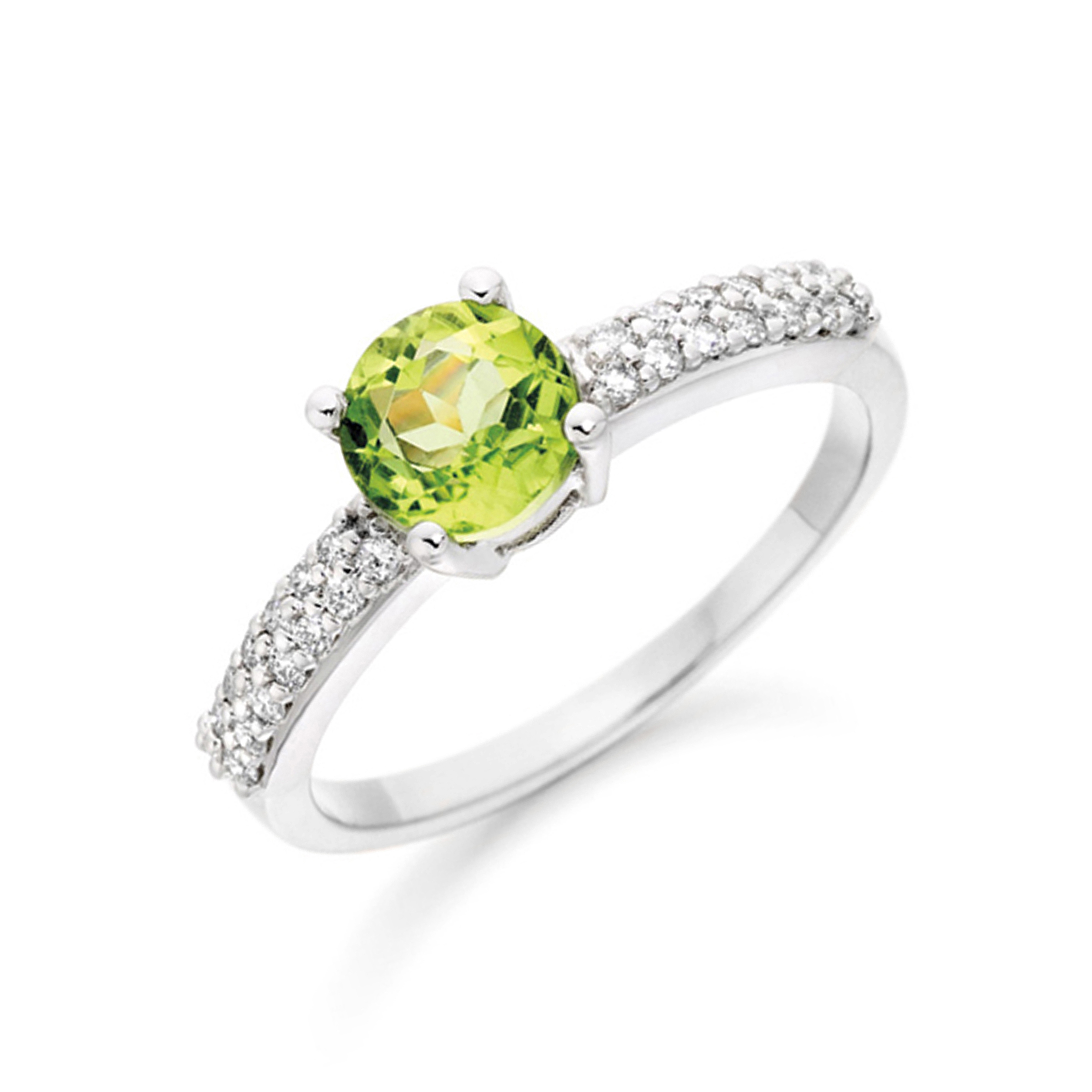 6.5mm Round Peridot Stones On Shoulder Diamond And Gemstone Engagement Ring