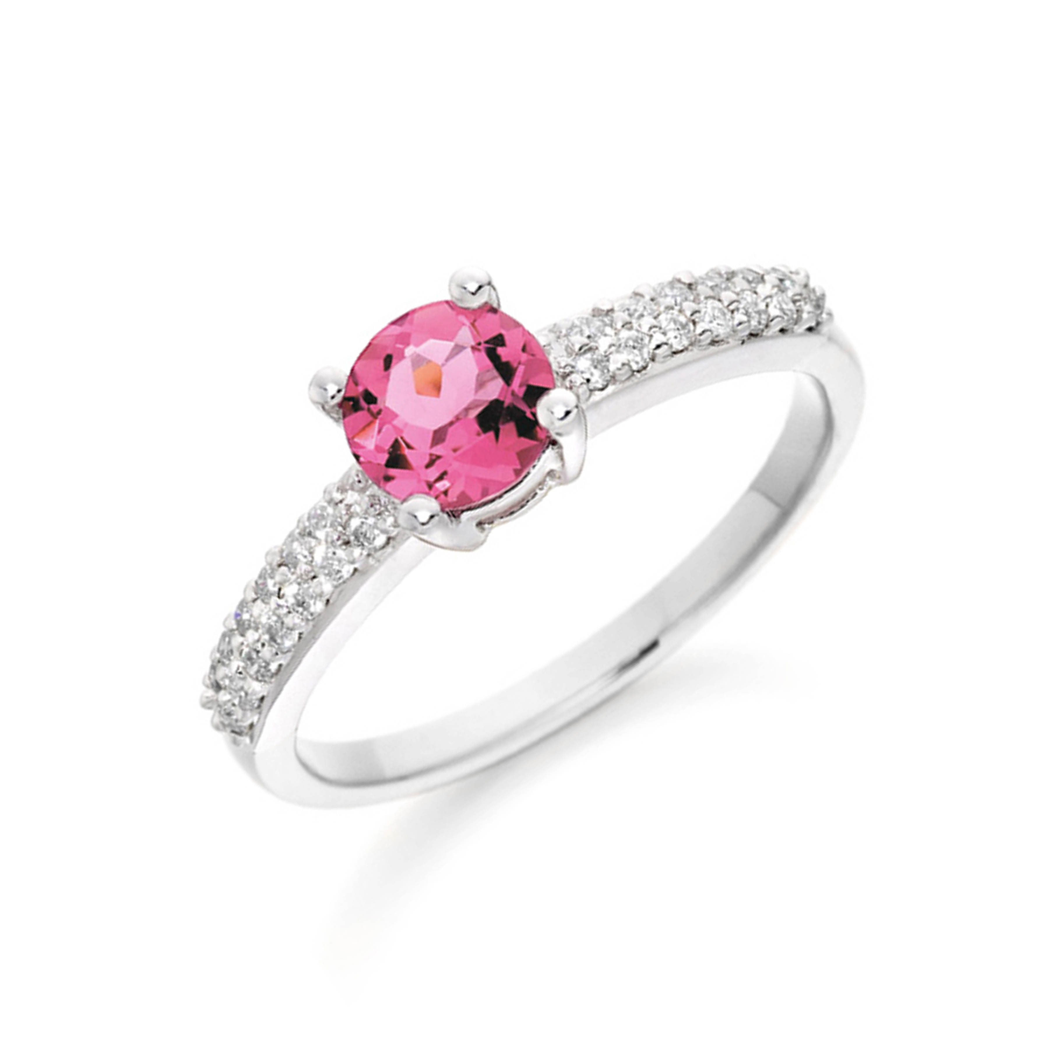 6.5mm Round Pink Tourmaline Stones On Shoulder Lab Grown Diamond And Gemstone Engagement Ring