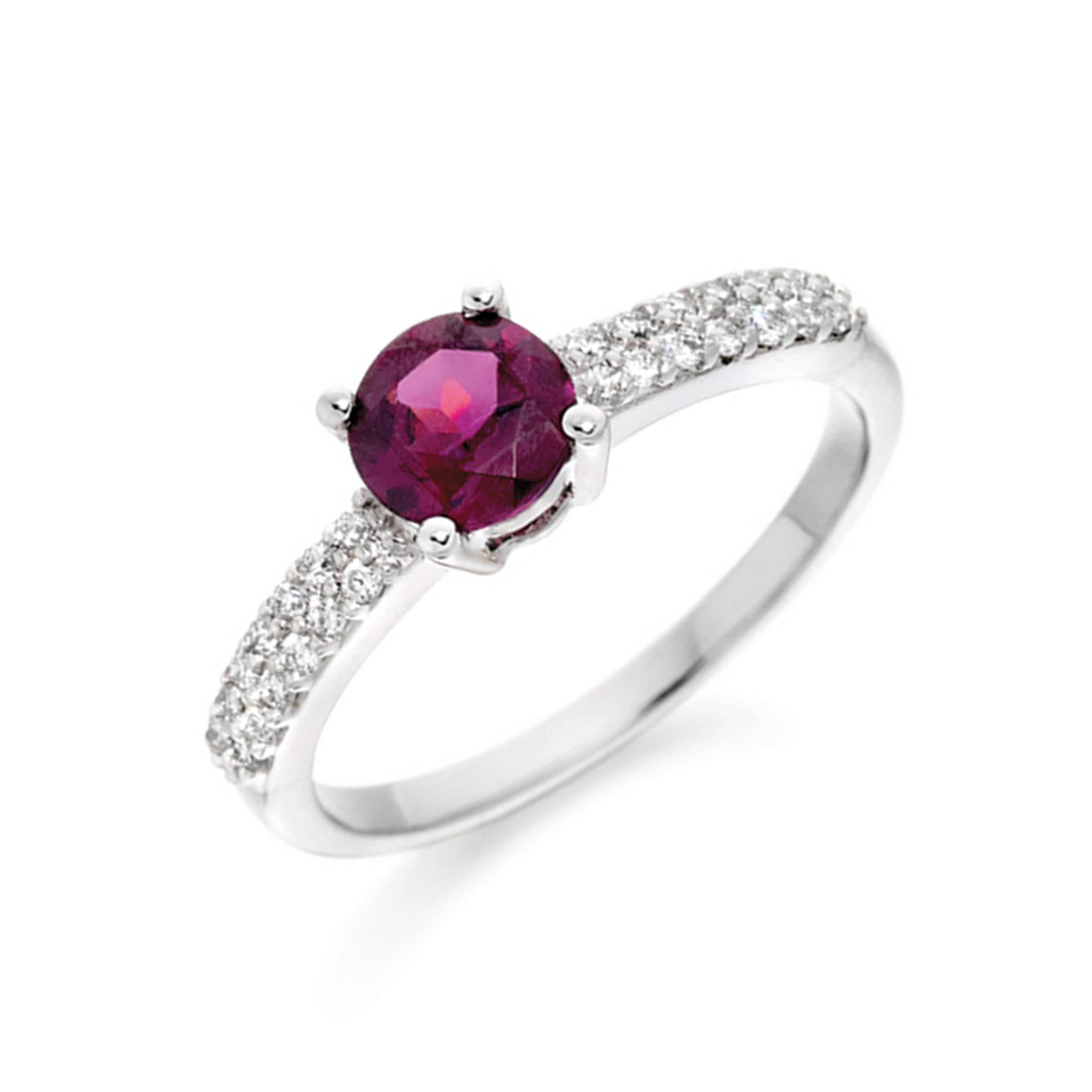 6.5mm Round Rhodolite Stones On Shoulder Lab Grown Diamond And Gemstone Engagement Ring