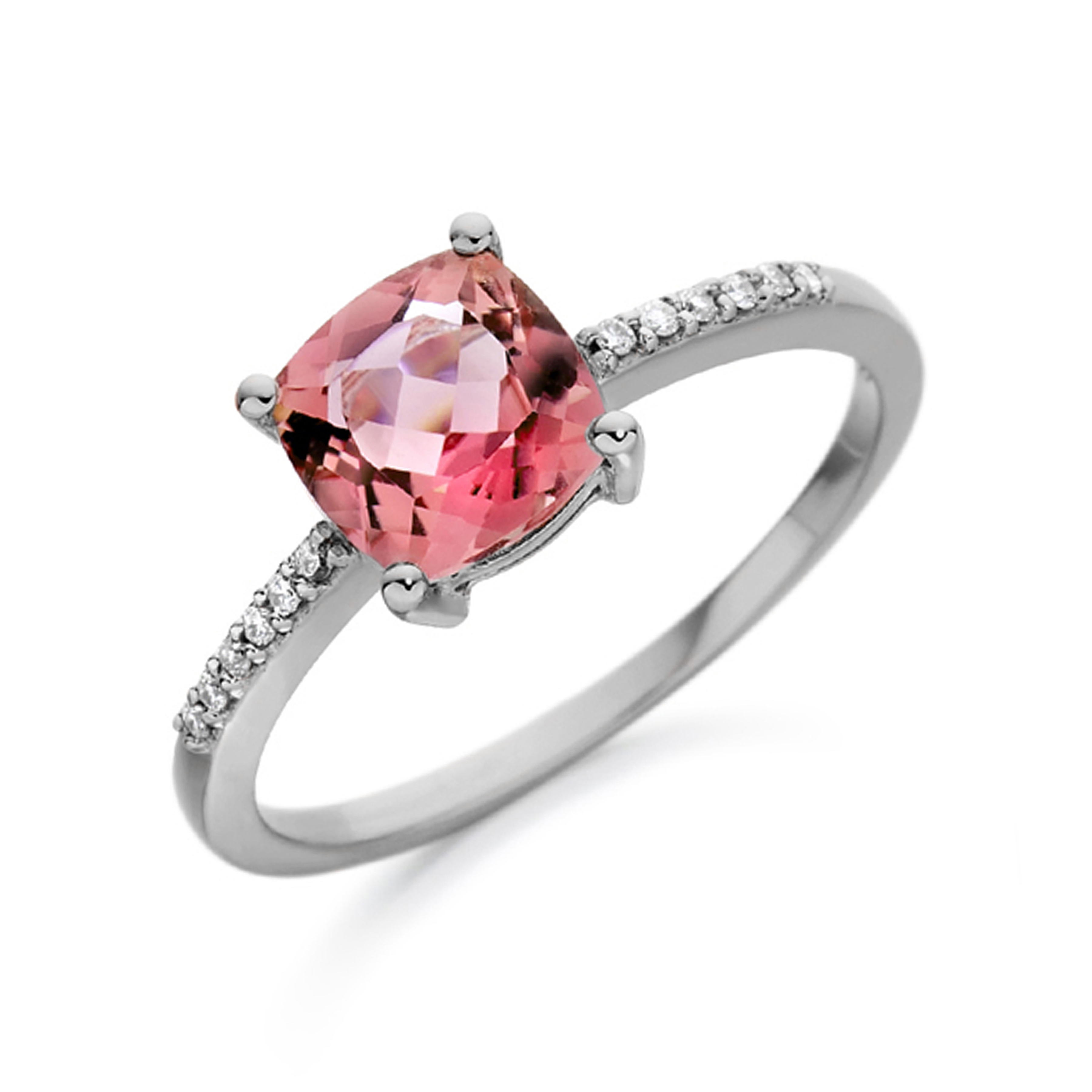 6X6mm Cushion Sqare Pink Tourmaline Stones On Shoulder Diamond And Gemstone Engagement Ring