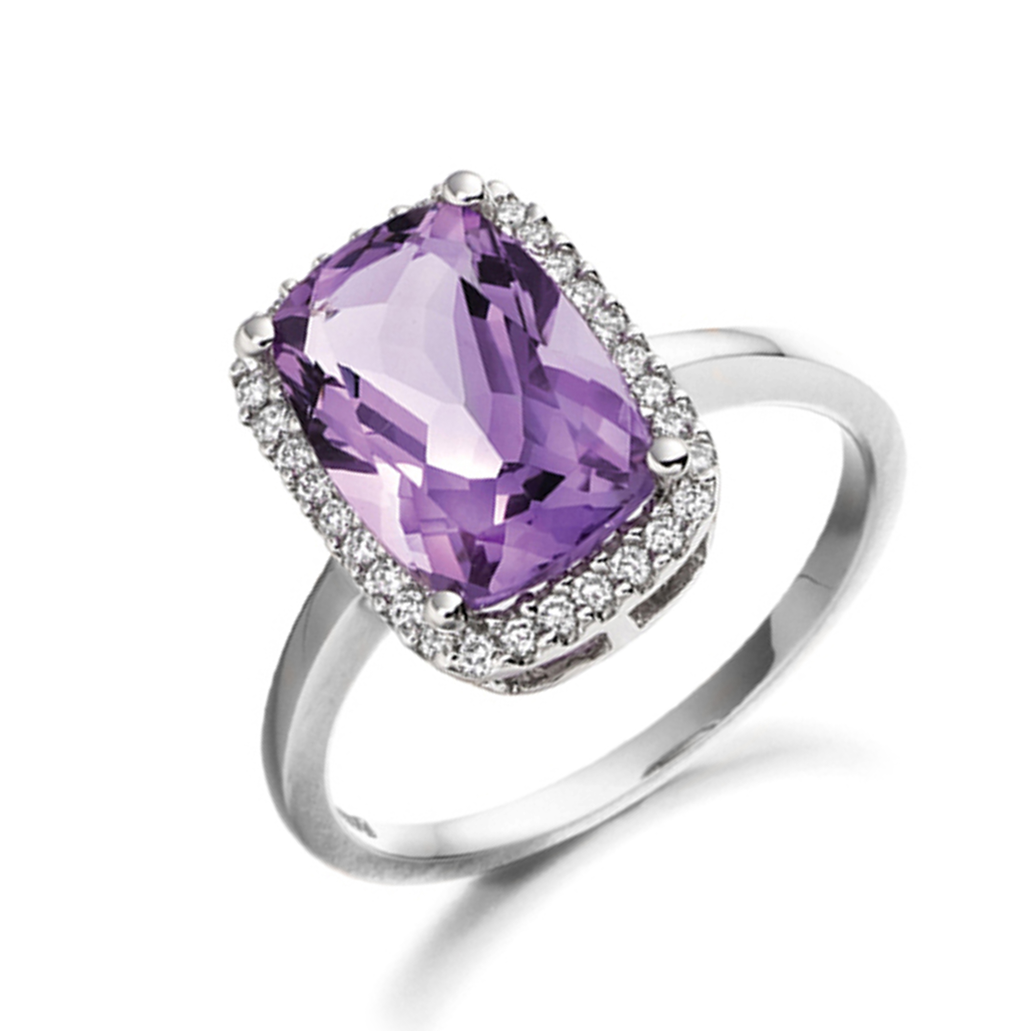 7X5mm Cushion Amethyst Stones On Shoulder Lab Grown Diamond And Gemstone Engagement Ring