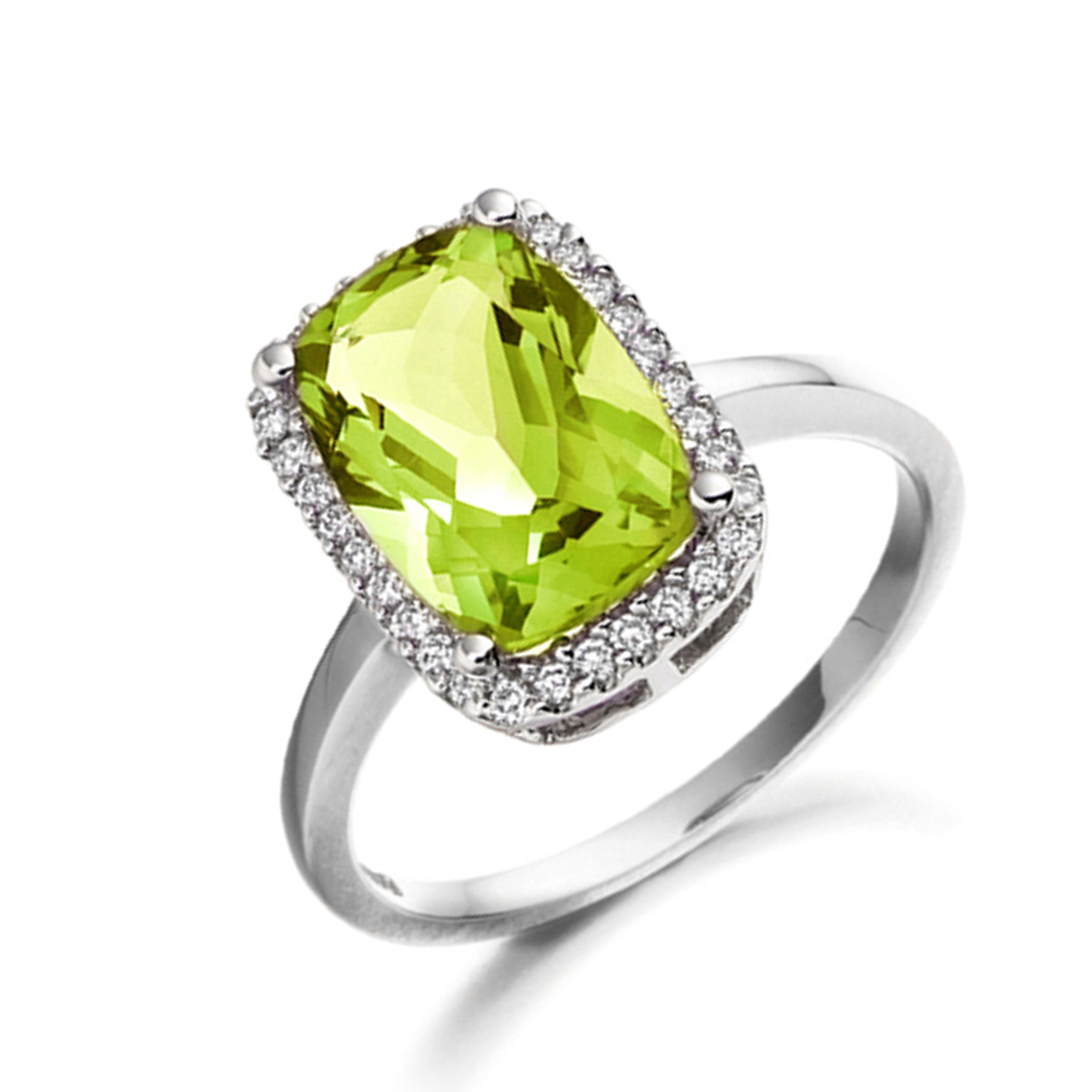 7X5mm Cushion Peridot Stones On Shoulder Diamond And Gemstone Engagement Ring