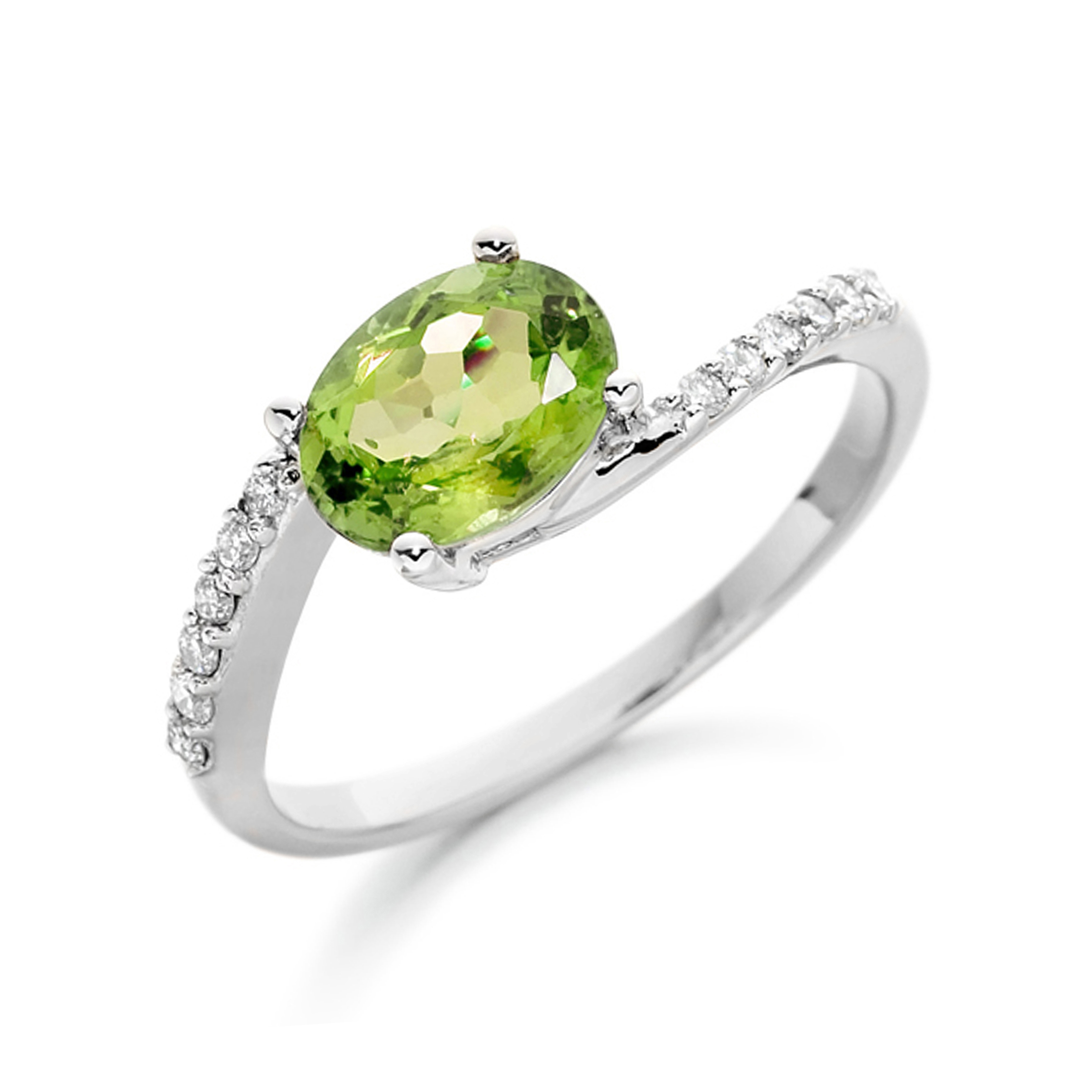 6X4mm Oval Peridot Stones On Shoulder Diamond And Gemstone Engagement Ring