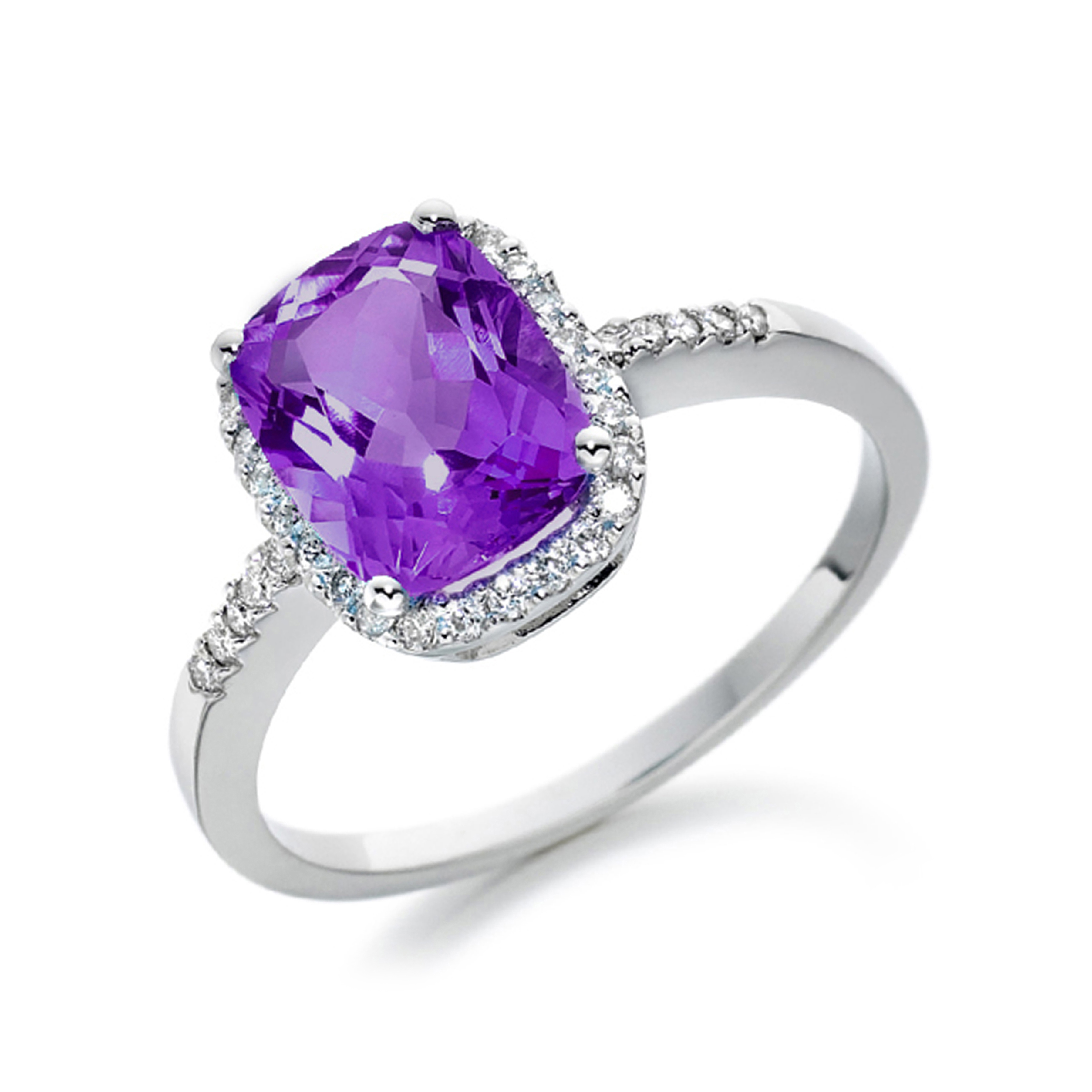 6X5mm Cushion Amethyst Halo Diamond And Gemstone Engagement Ring