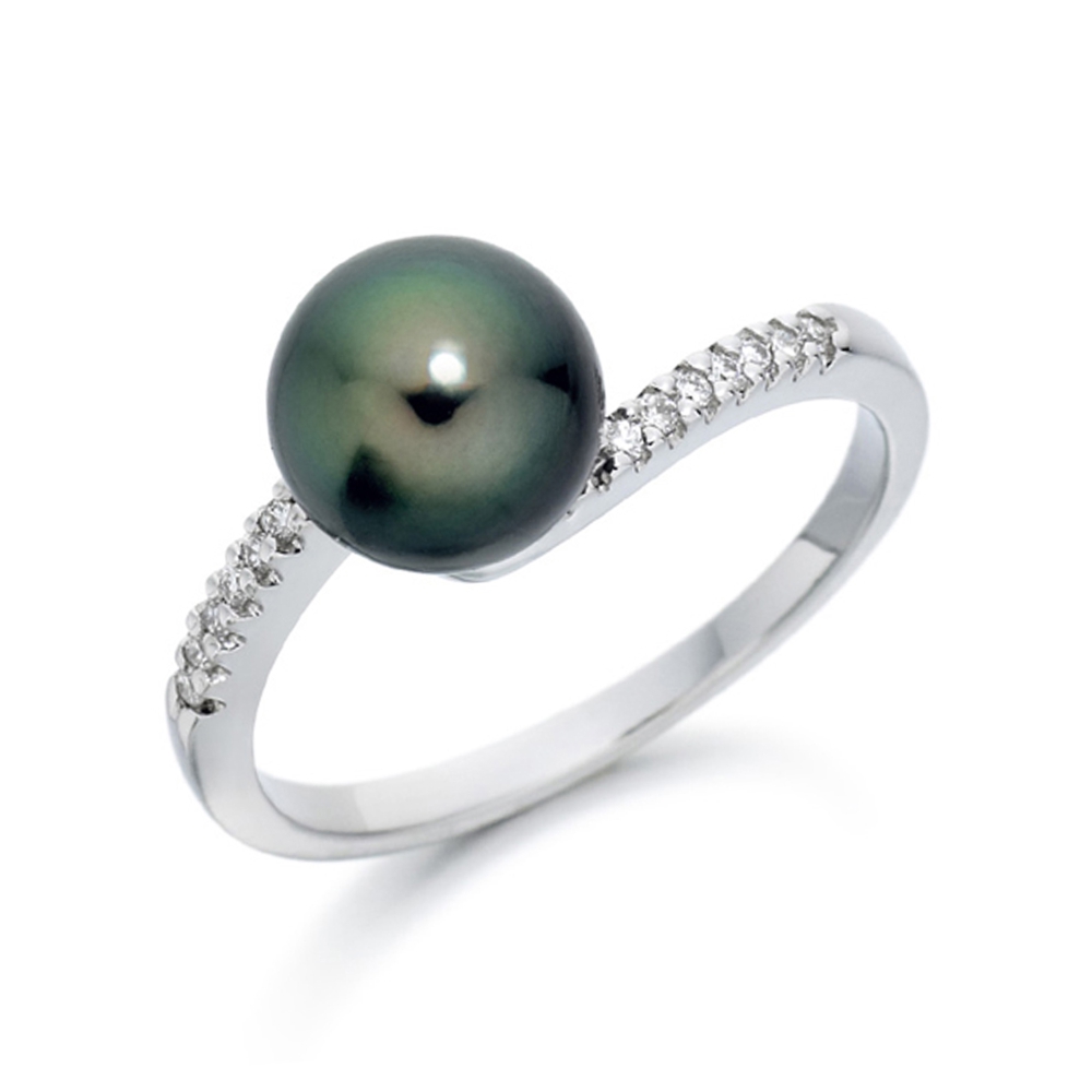 7mm Round Black Pearl Stones On Shoulder Lab Grown Diamond And Pearl Engagement Ring