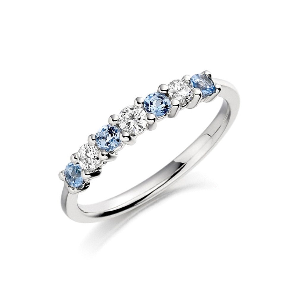 2.5Mm Round Blue Topaz Seven Stone Lab Grown Diamond And Gemstone Ring