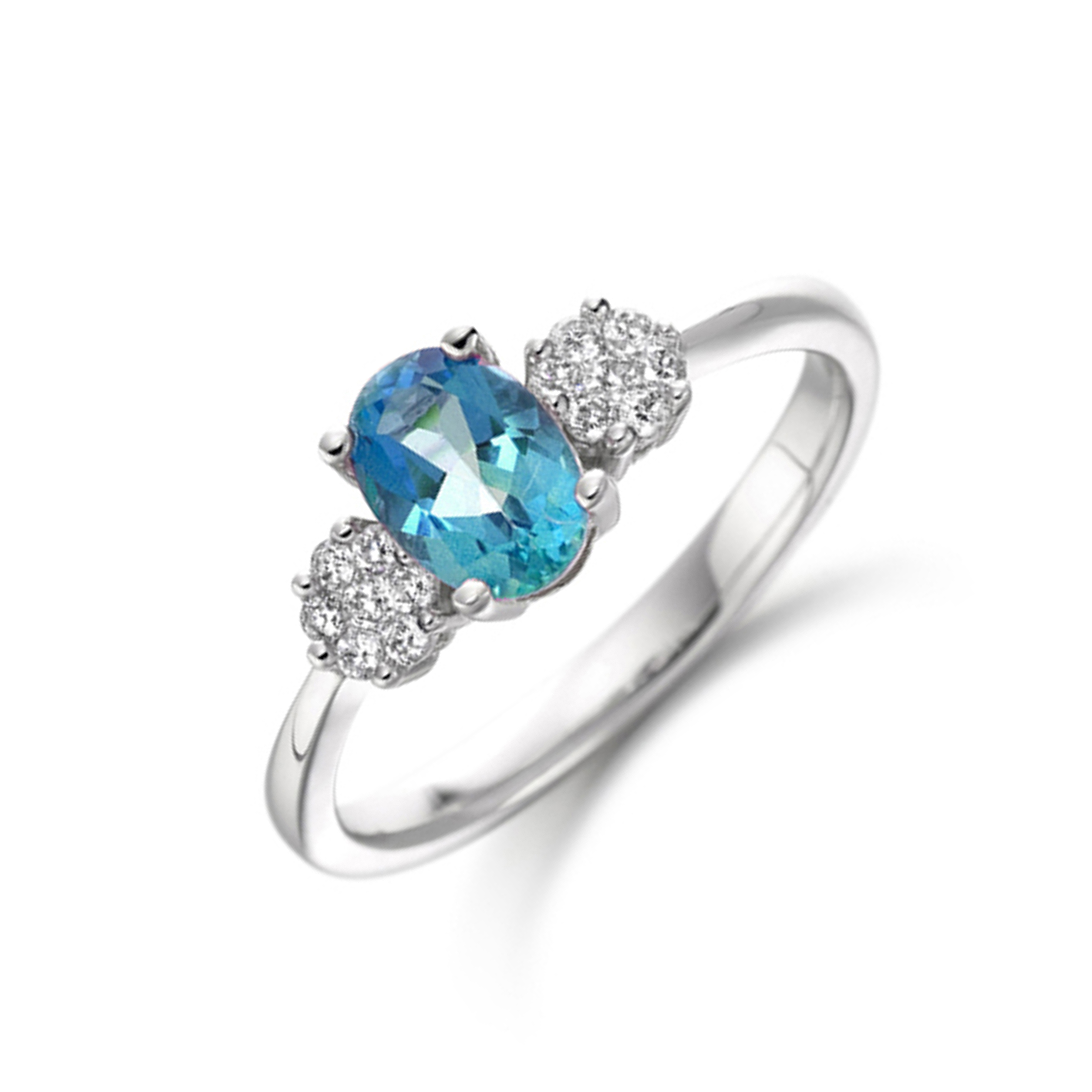 7X5mm Oval Blue Topaz Side Stone Diamond And Gemstone Engagement Ring