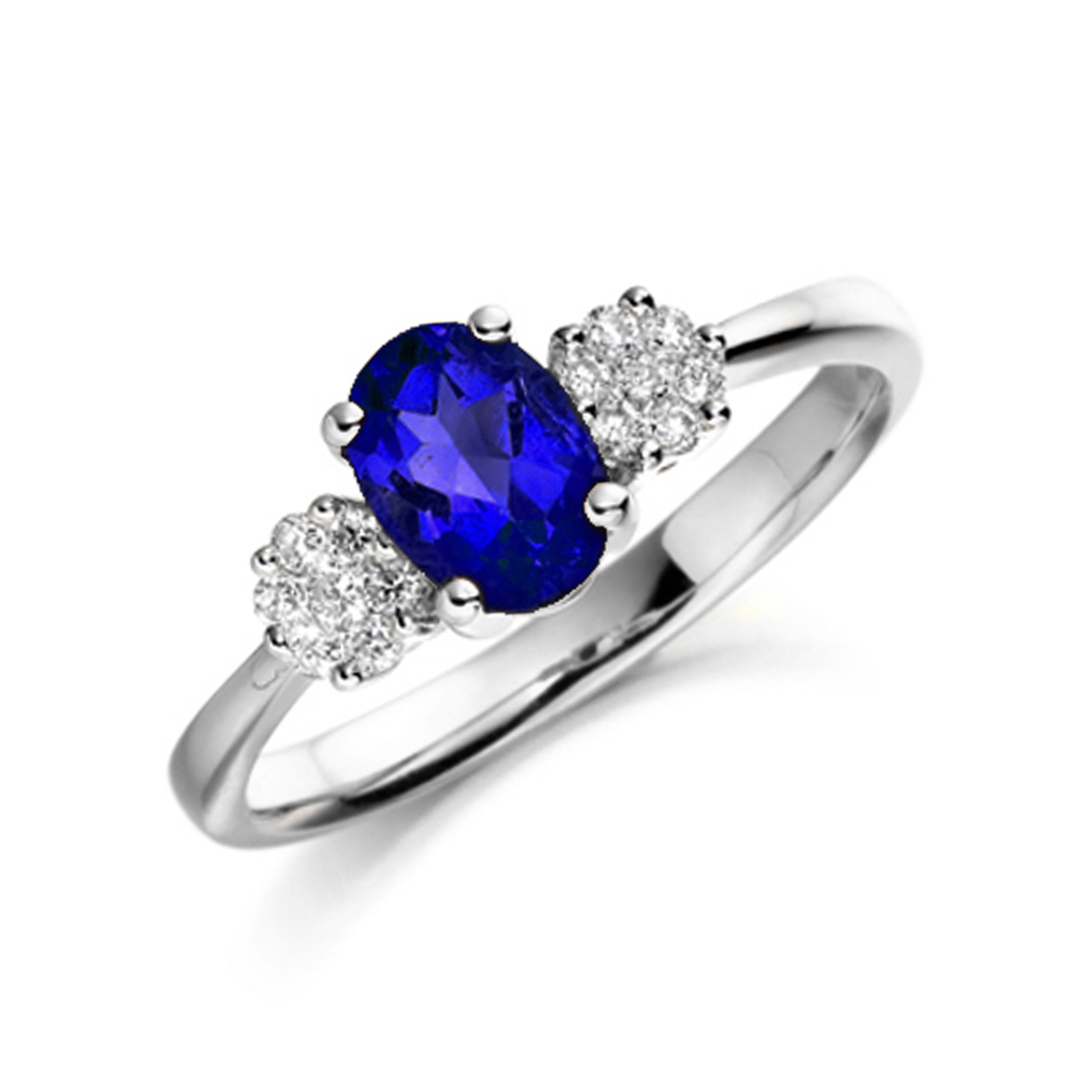7X5mm Oval Blue Sapphire Side Stone Diamond And Gemstone Engagement Ring