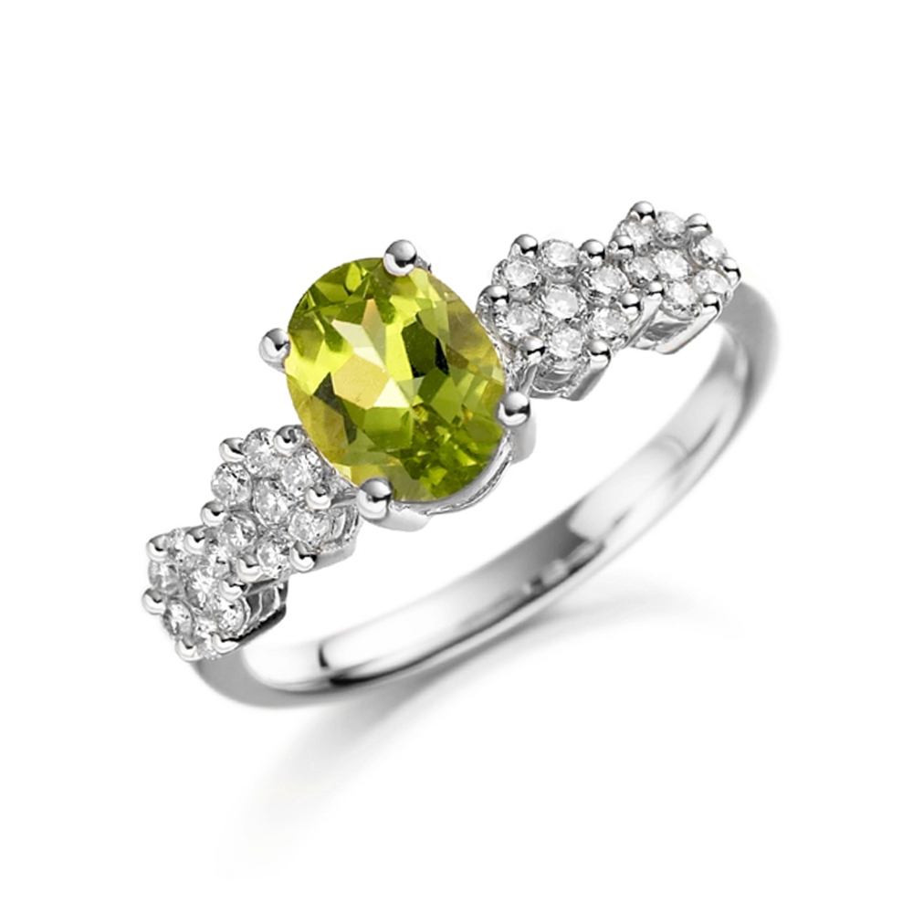 6X4mm Oval Peridot Stones On Shoulder Diamond And Gemstone Engagement Ring