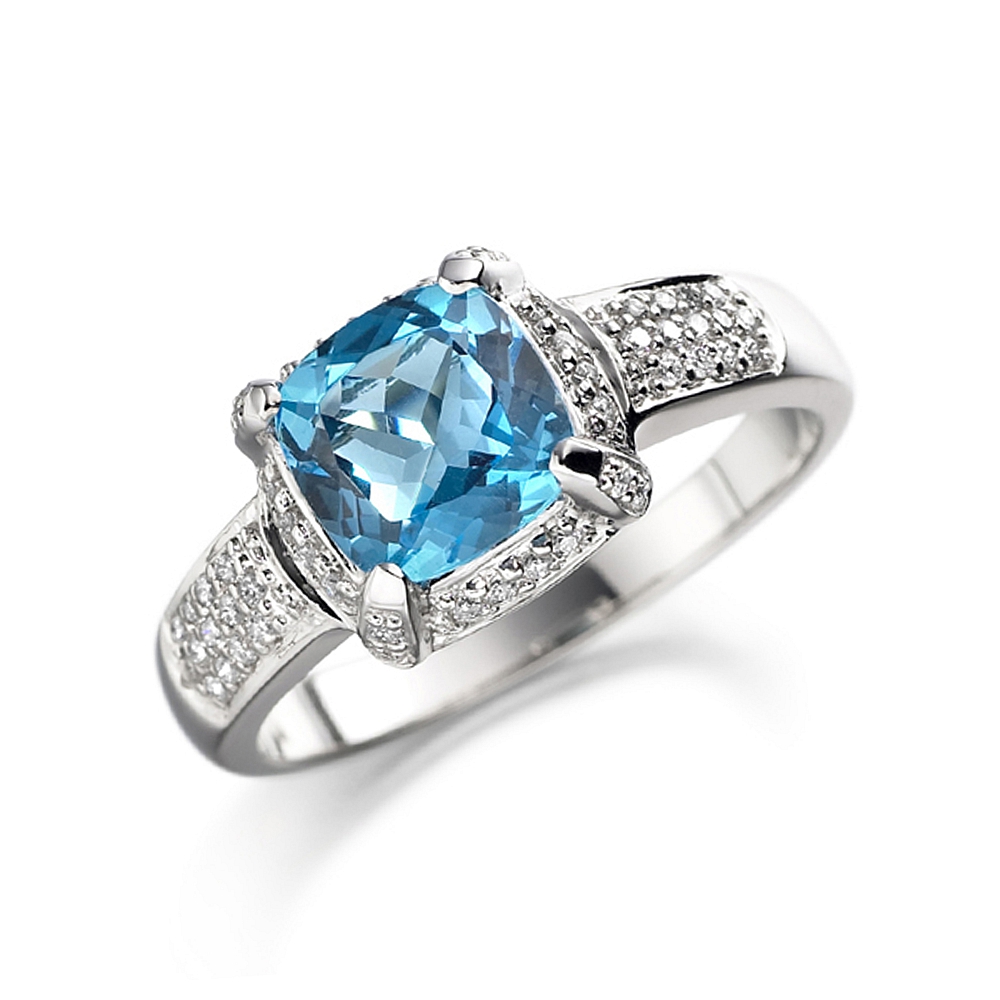 5mm Cushion Square Blue Topaz Stones On Shoulder Lab Grown Diamond And Gemstone Engagement Ring