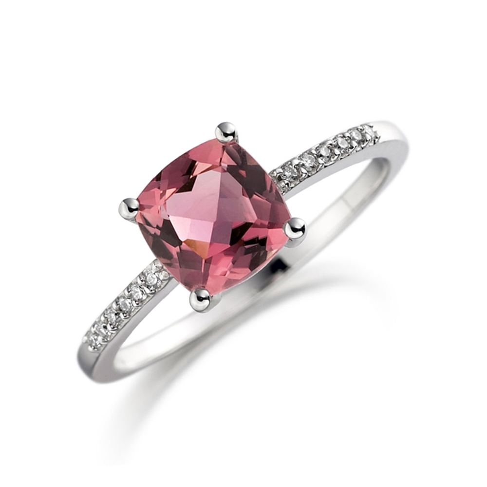 6mm Cushion Square Pink Tourmaline Stones On Shoulder Diamond And Gemstone Engagement Ring