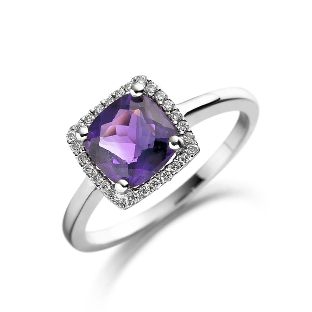 5mm Cushion Square Amethyst Stones On Shoulder Diamond And Gemstone Engagement Ring