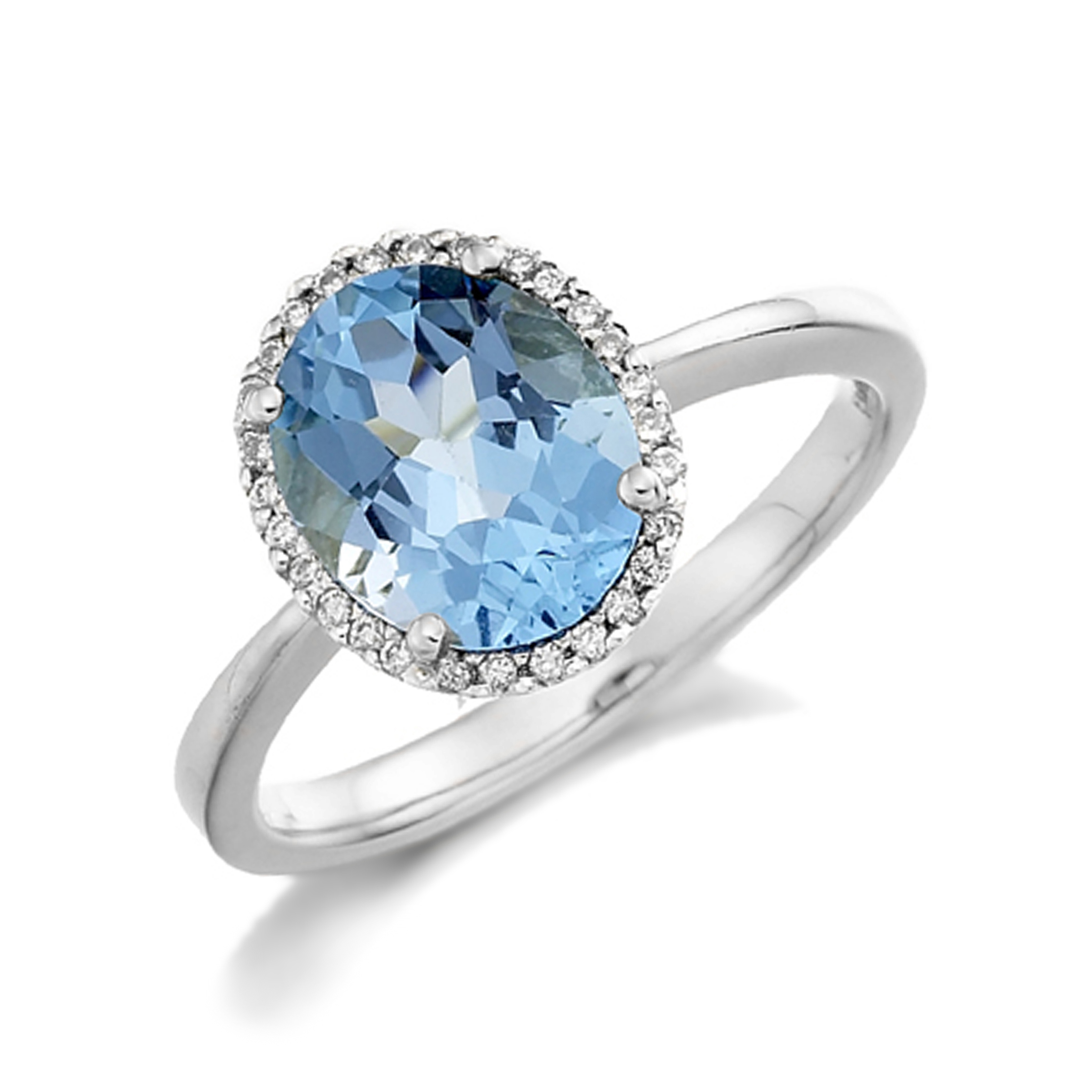 9mm Oval Shape Blue Topaz Halo Diamond And Gemstone Engagement Ring