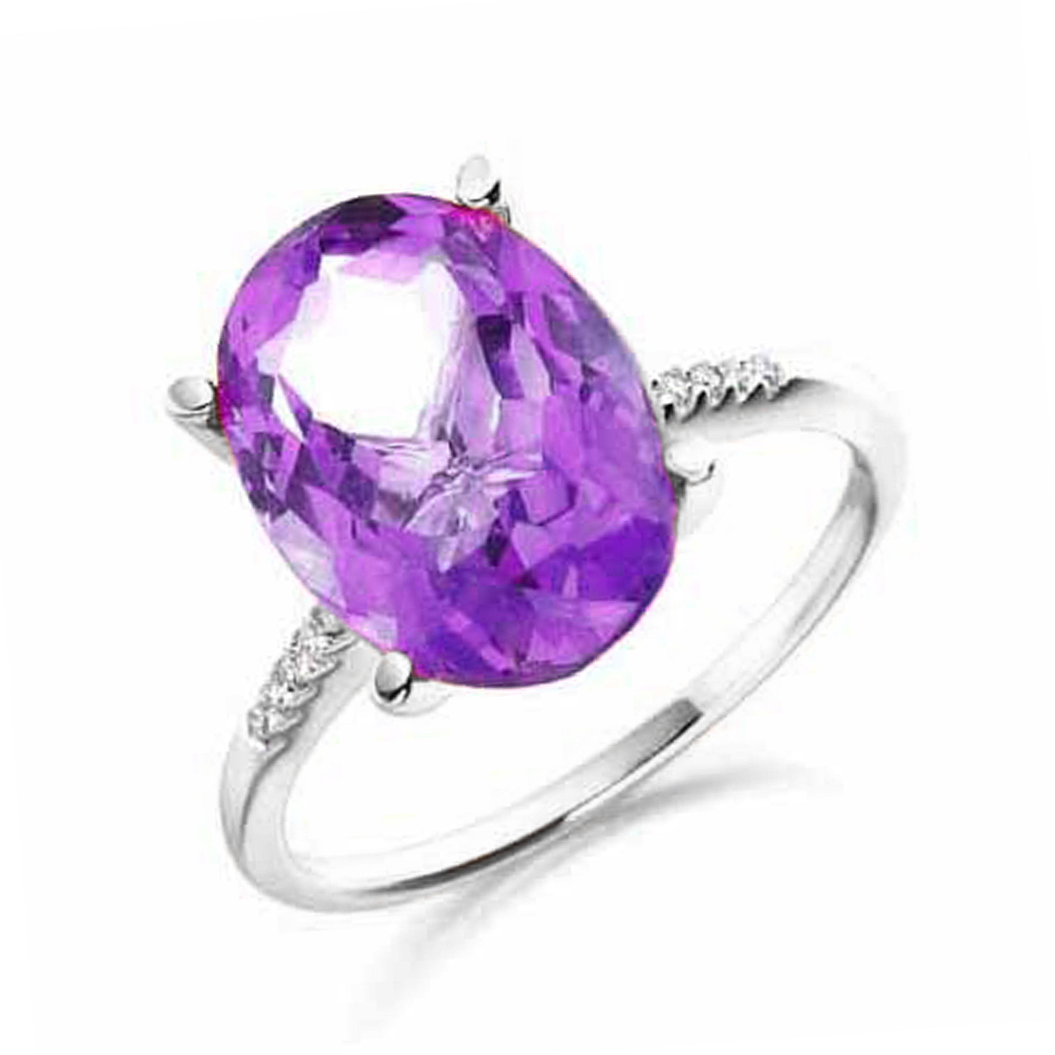 10X8mm Oval Amethyst and Side Diamond And Gemstone Engagement Ring