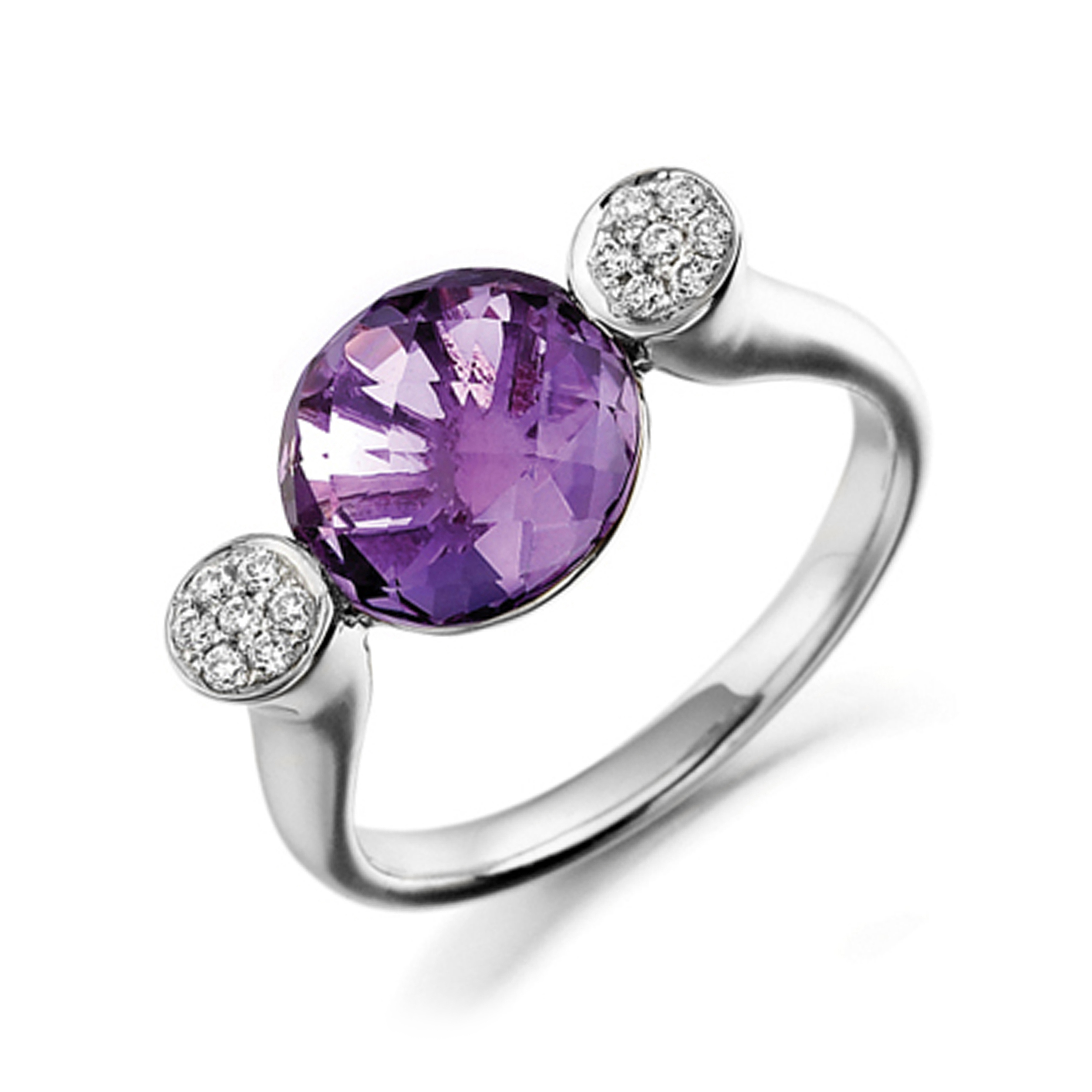 10mm Round Amethyst Side Stone Shoulder Diamond And Gemstone Engagement Ring