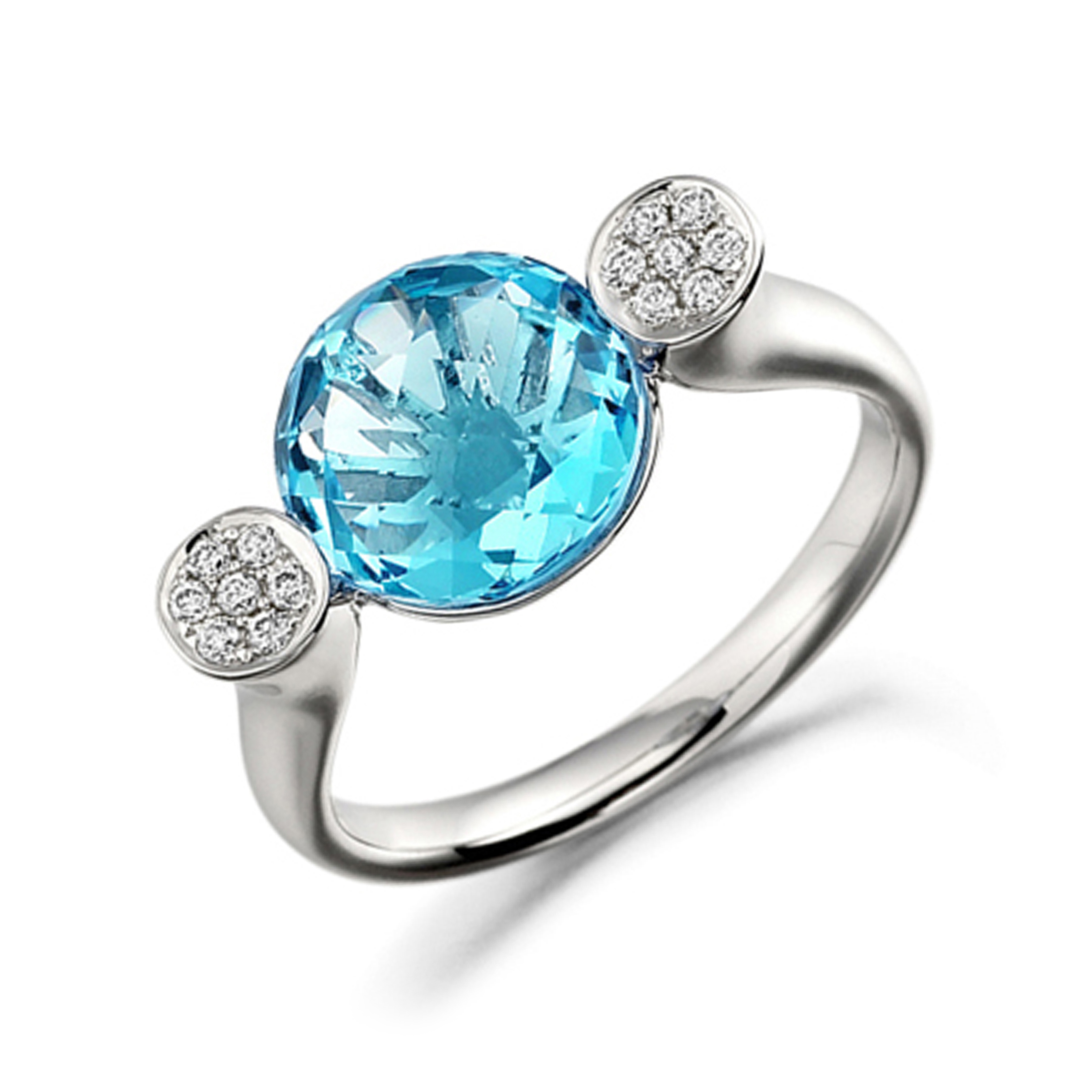 10mm Round Blue Topaz Side Stone Shoulder Diamond And Gemstone Engagement Ring
