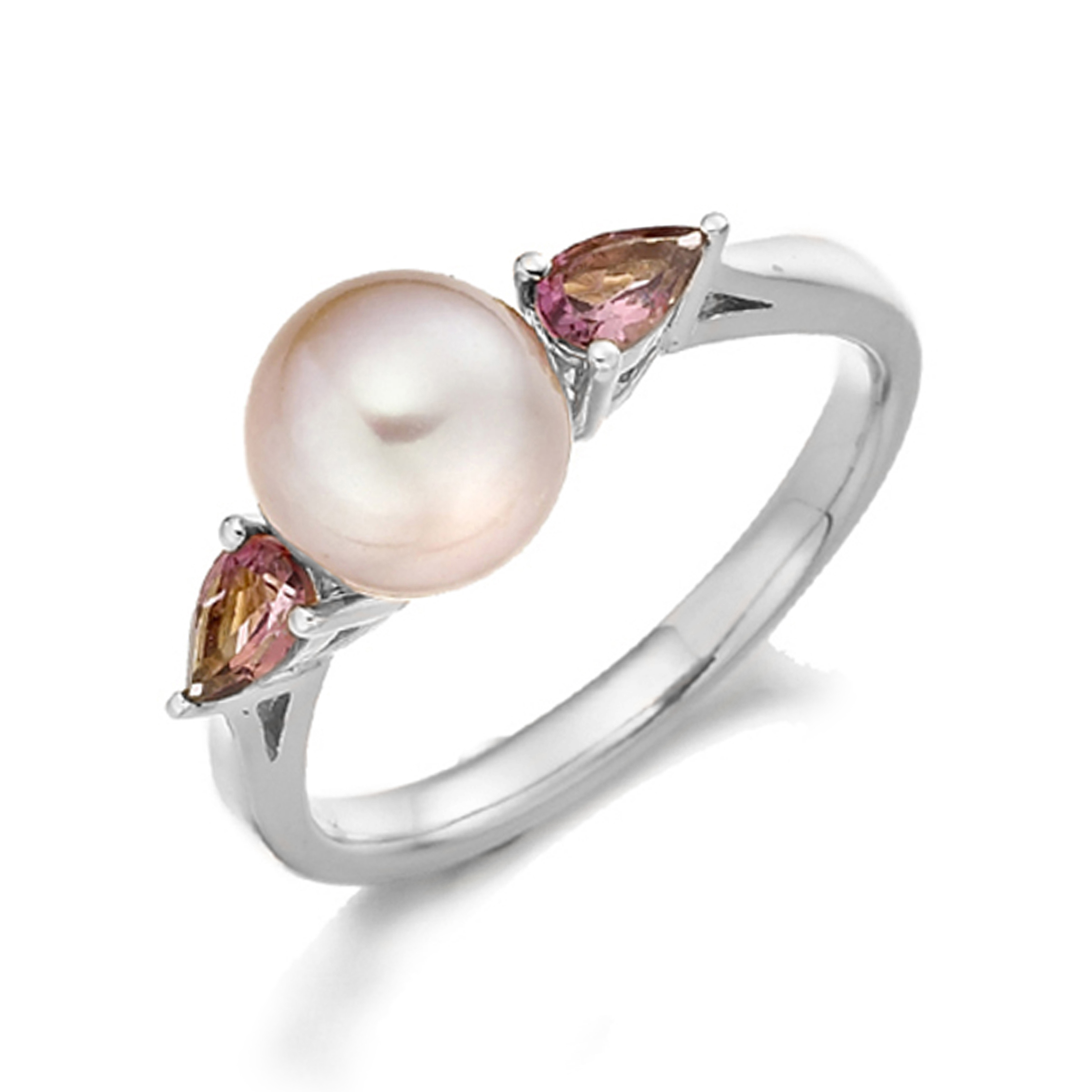 6X4Mm Pearl Three Stone Diamond And Gemstone Engagement Ring