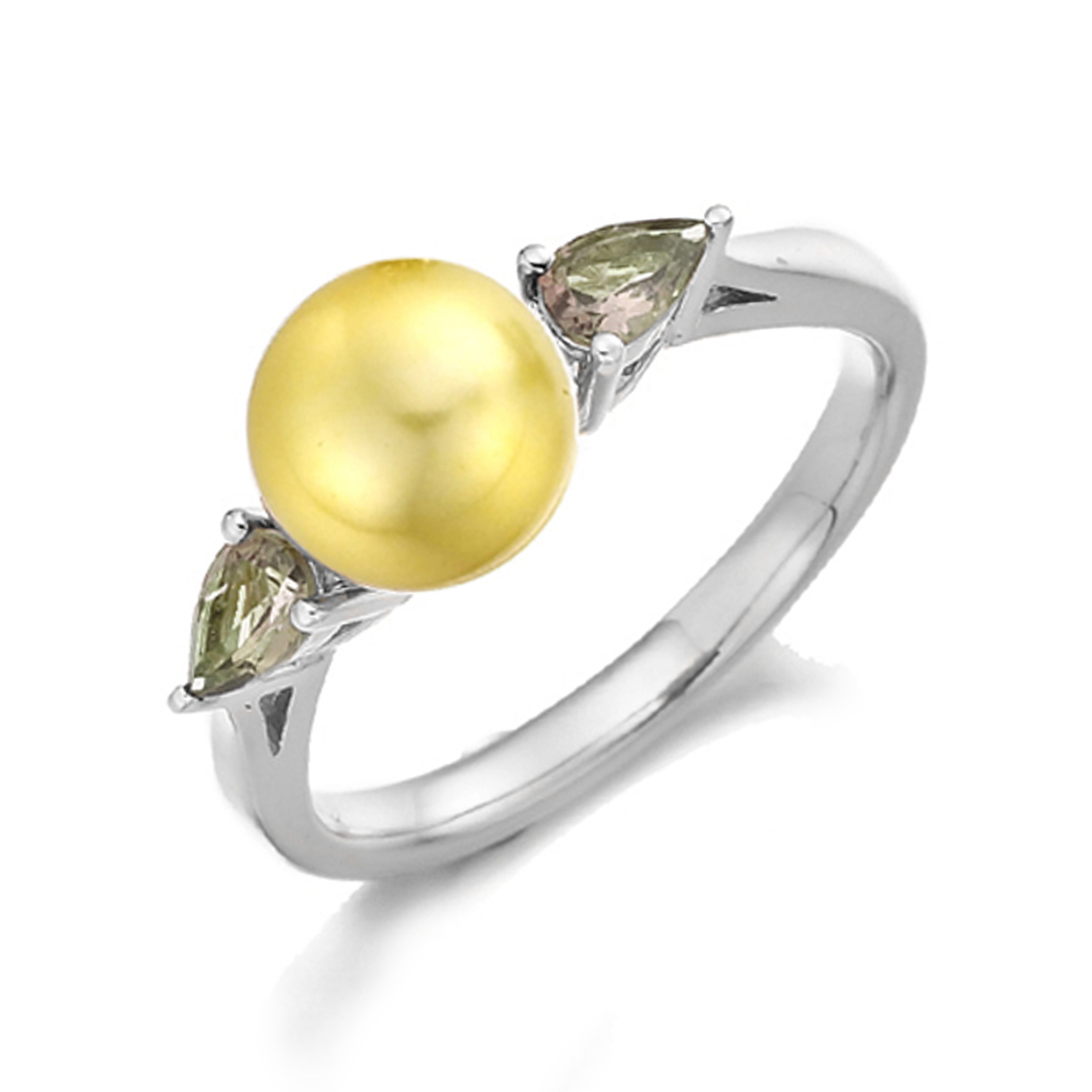 6X4Mm Pear Pearl Three Stone Diamond And Gemstone Engagement Ring