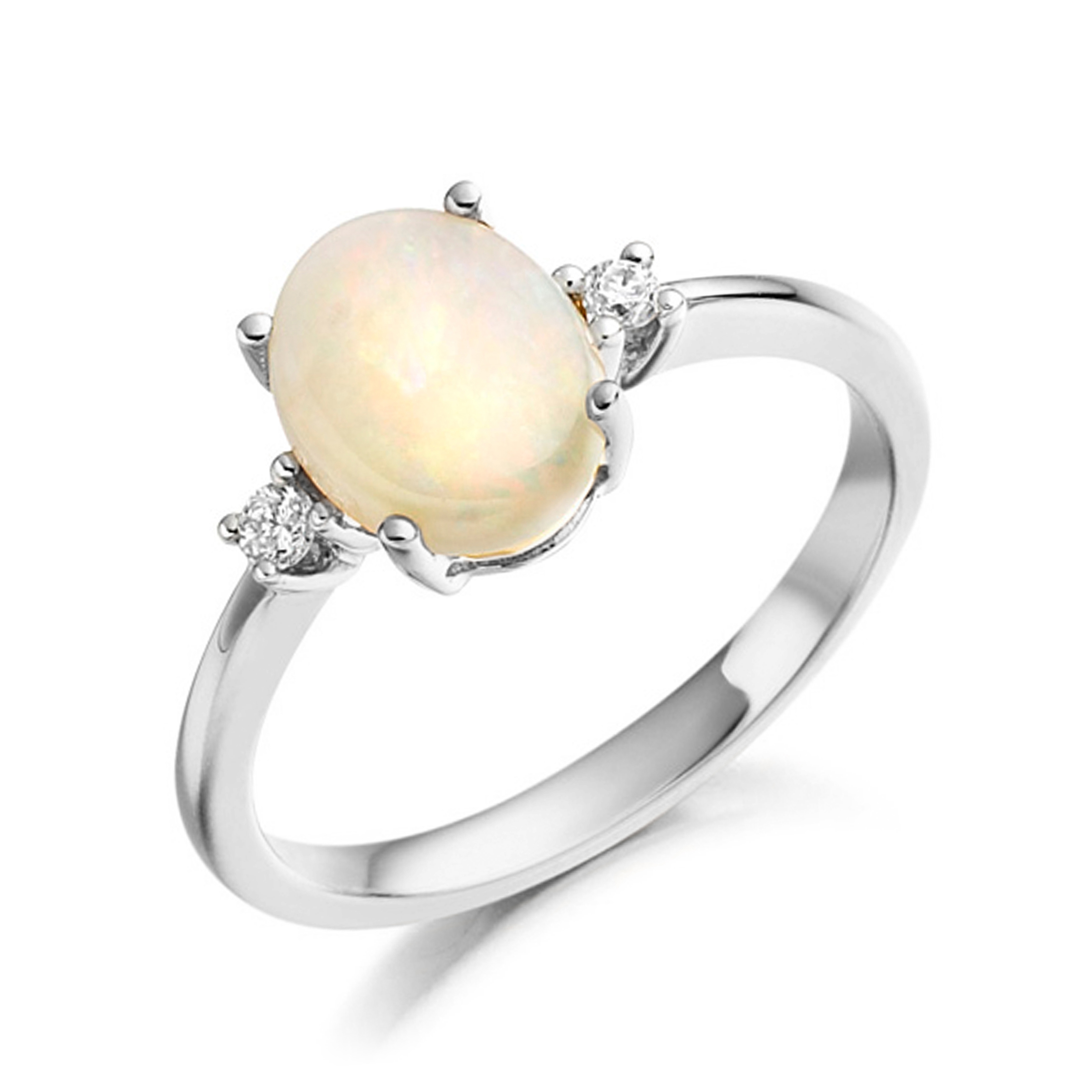 7X5Mm Oval Opal Three Stone Diamond And Gemstone Engagement Ring