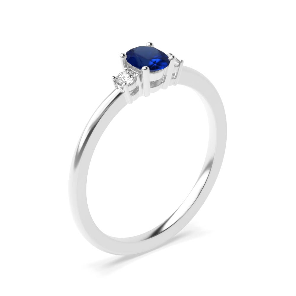 5X4mm Oval Blue Sapphire Three Stone Diamond And Gemstone Engagement Ring