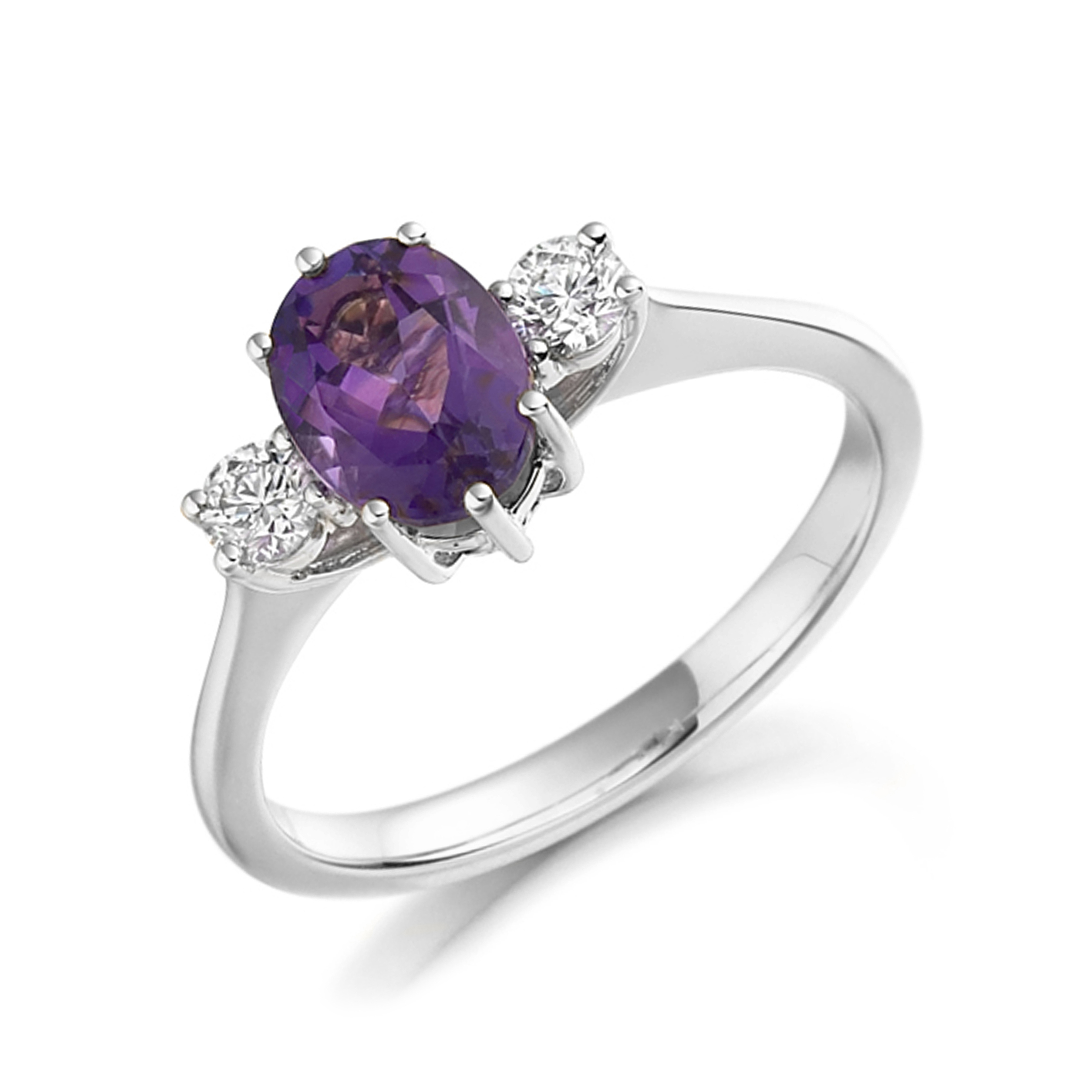 6X4Mm Oval Amethyst Trilogy Diamond And Gemstone Engagement Ring