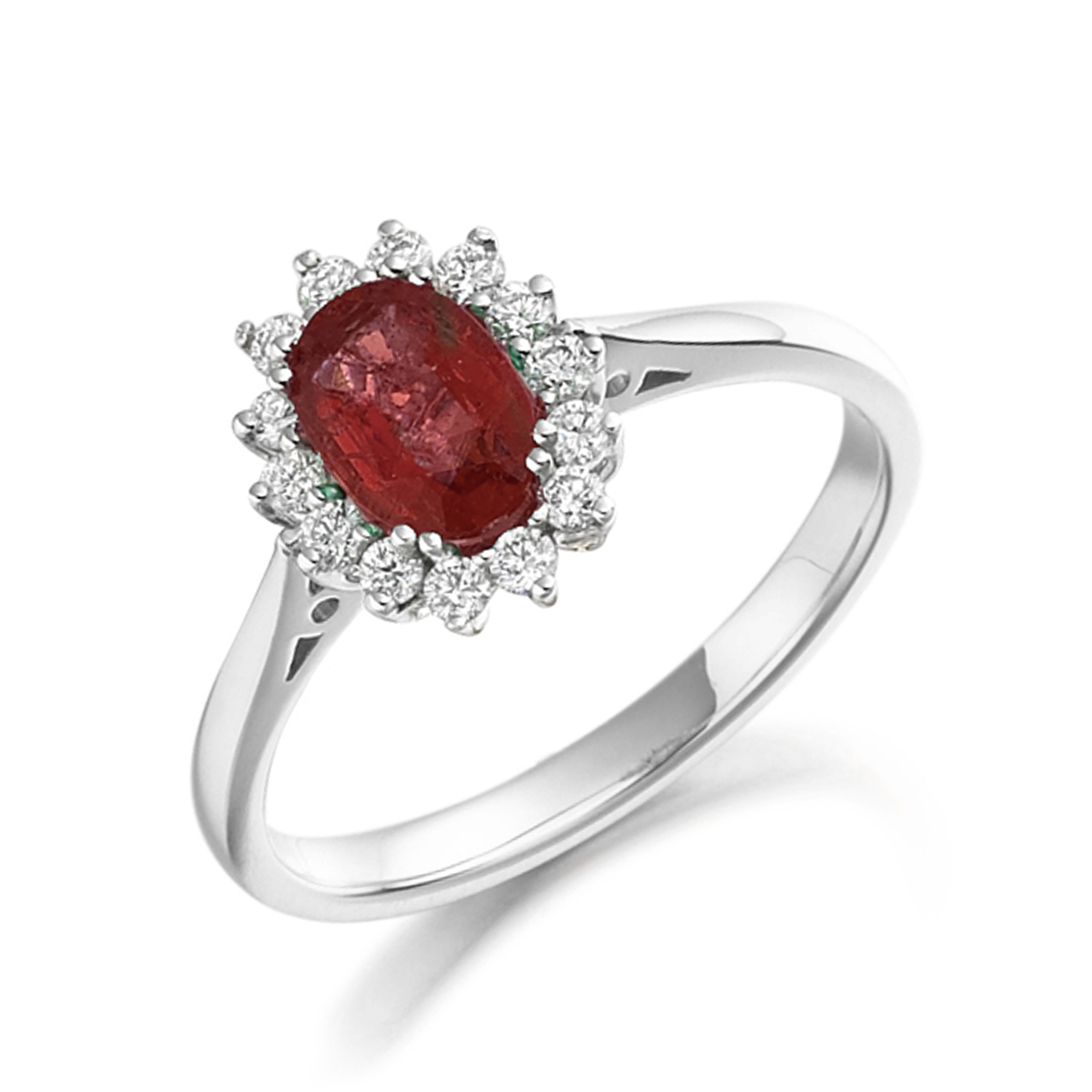6X4mm Oval Ruby Halo Diamond And Gemstone Engagement Ring