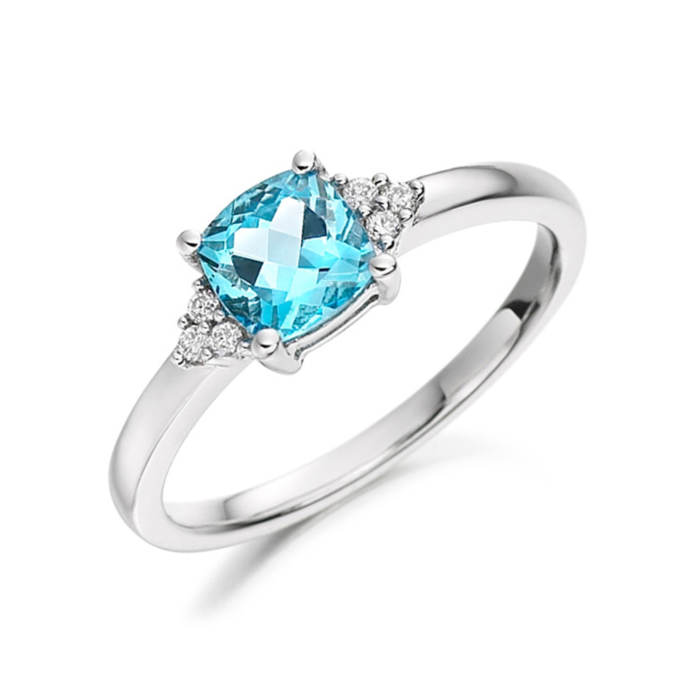 5mm Cushion Blue Topaz Seven Stone Diamond And Gemstone Ring