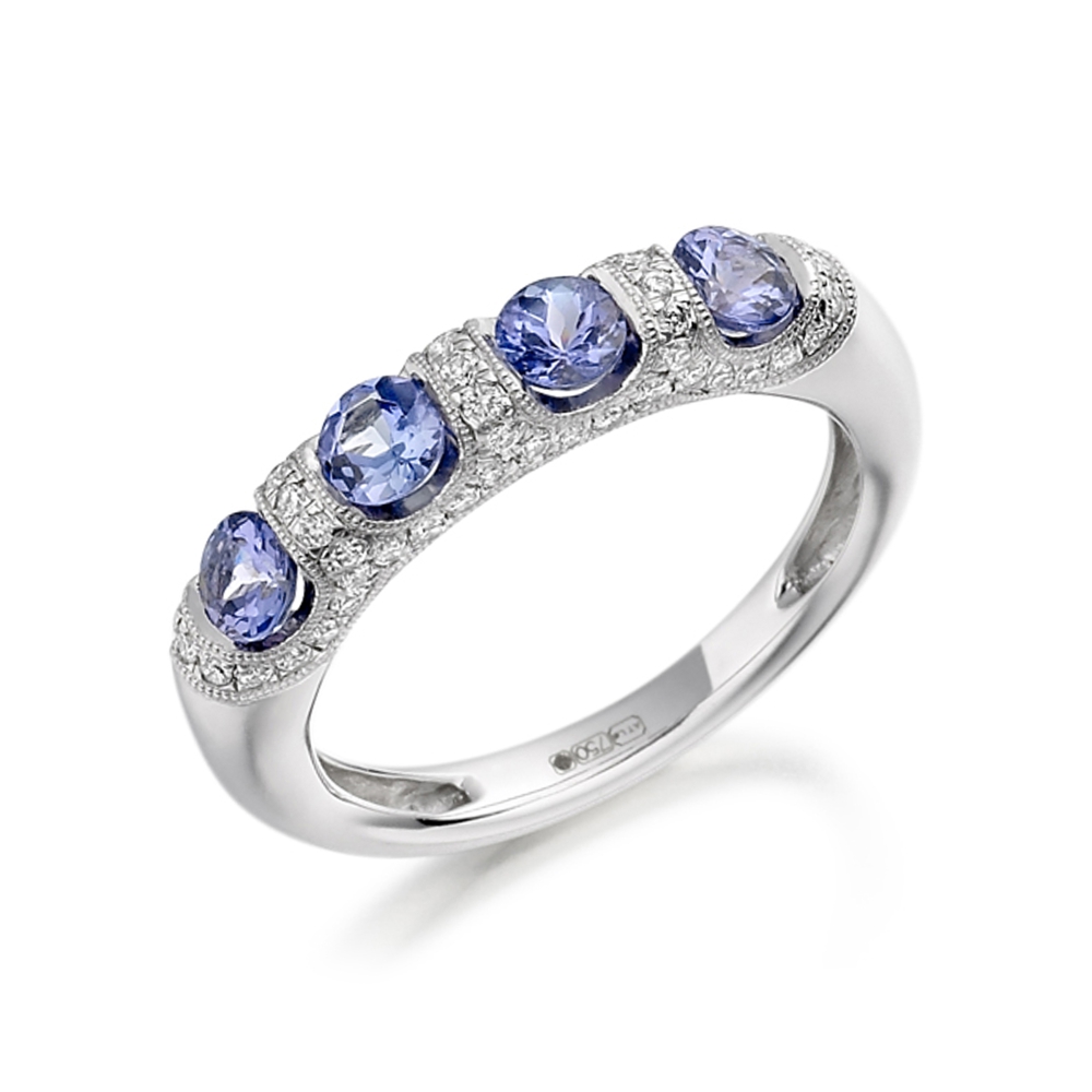 4mm Round Tanzanite Half Eternity Diamond And Gemstone Ring