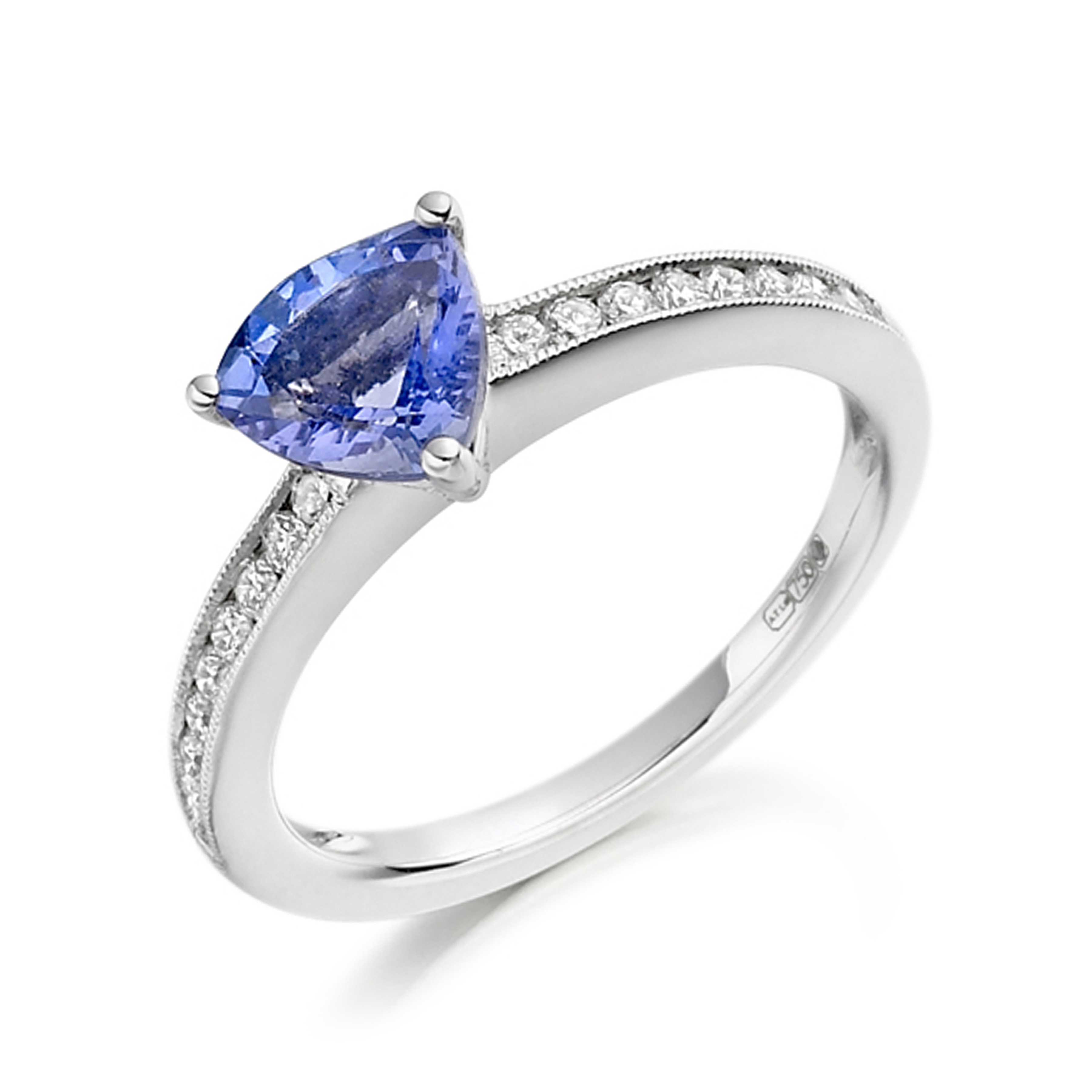 6mm Trillion Curved Tanzanite Stones On Shoulder Diamond And Gemstone Engagement Ring
