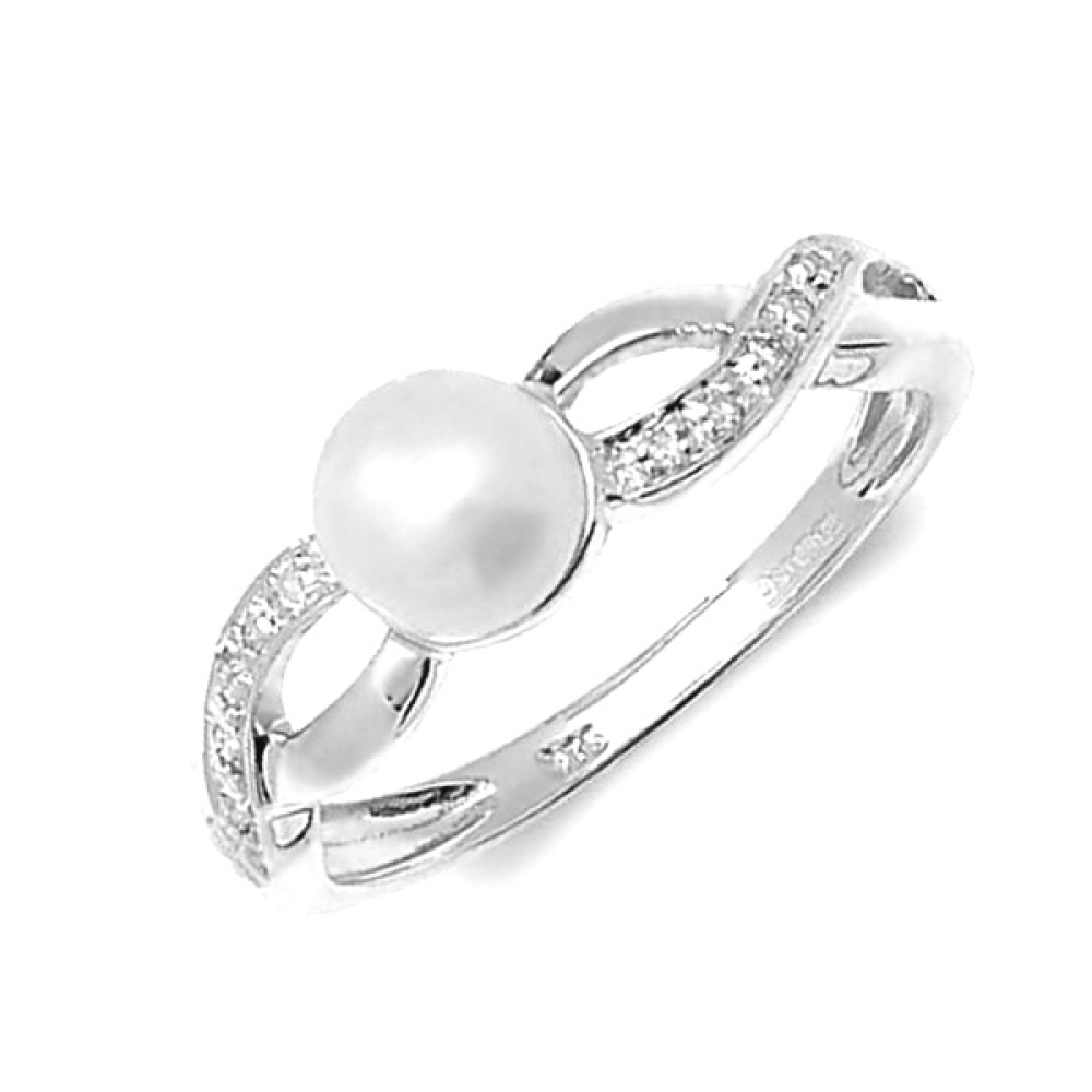 white pearl stone and side diamond on crossing shoulder ring 