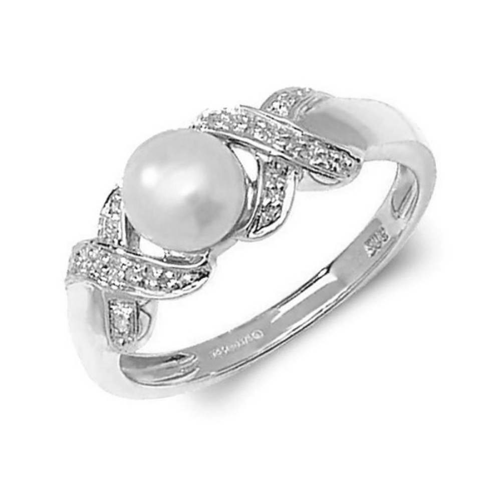 white pearl stone and side stone on criss cross shoulder ring 