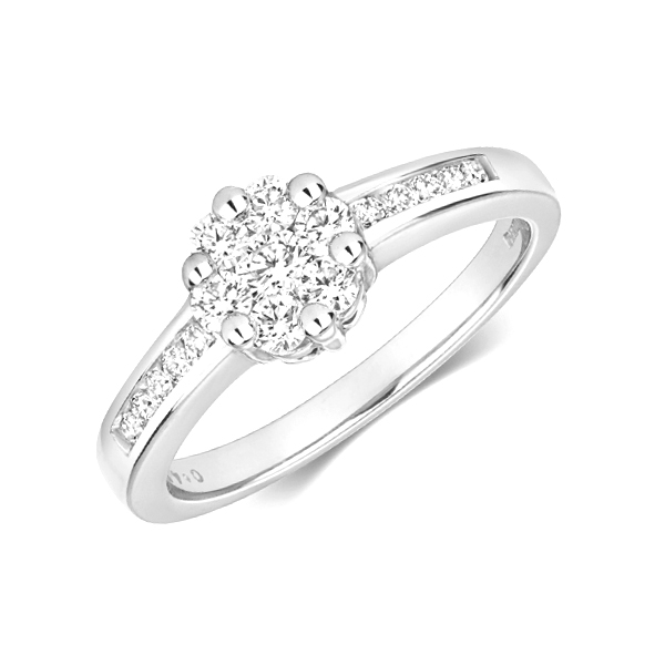 prong setting round shape  cluster style and side stone ring