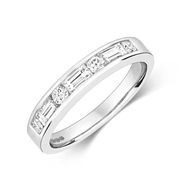 channel setting round and buguette half eternity diamond ring 