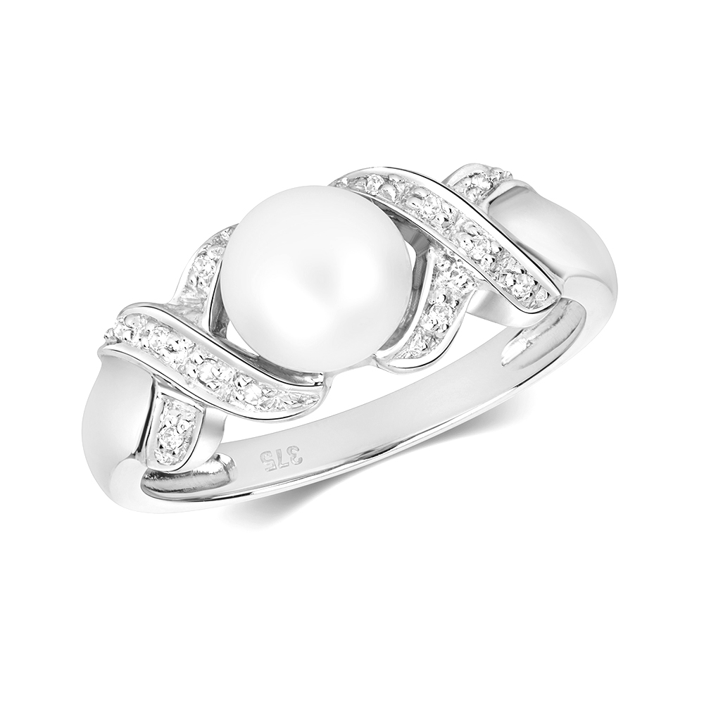 freshwater white pearl and pave setting side stone ring