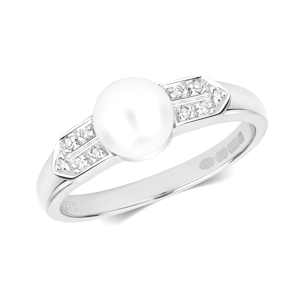 freshwater white pearl and pave setting side stone ring