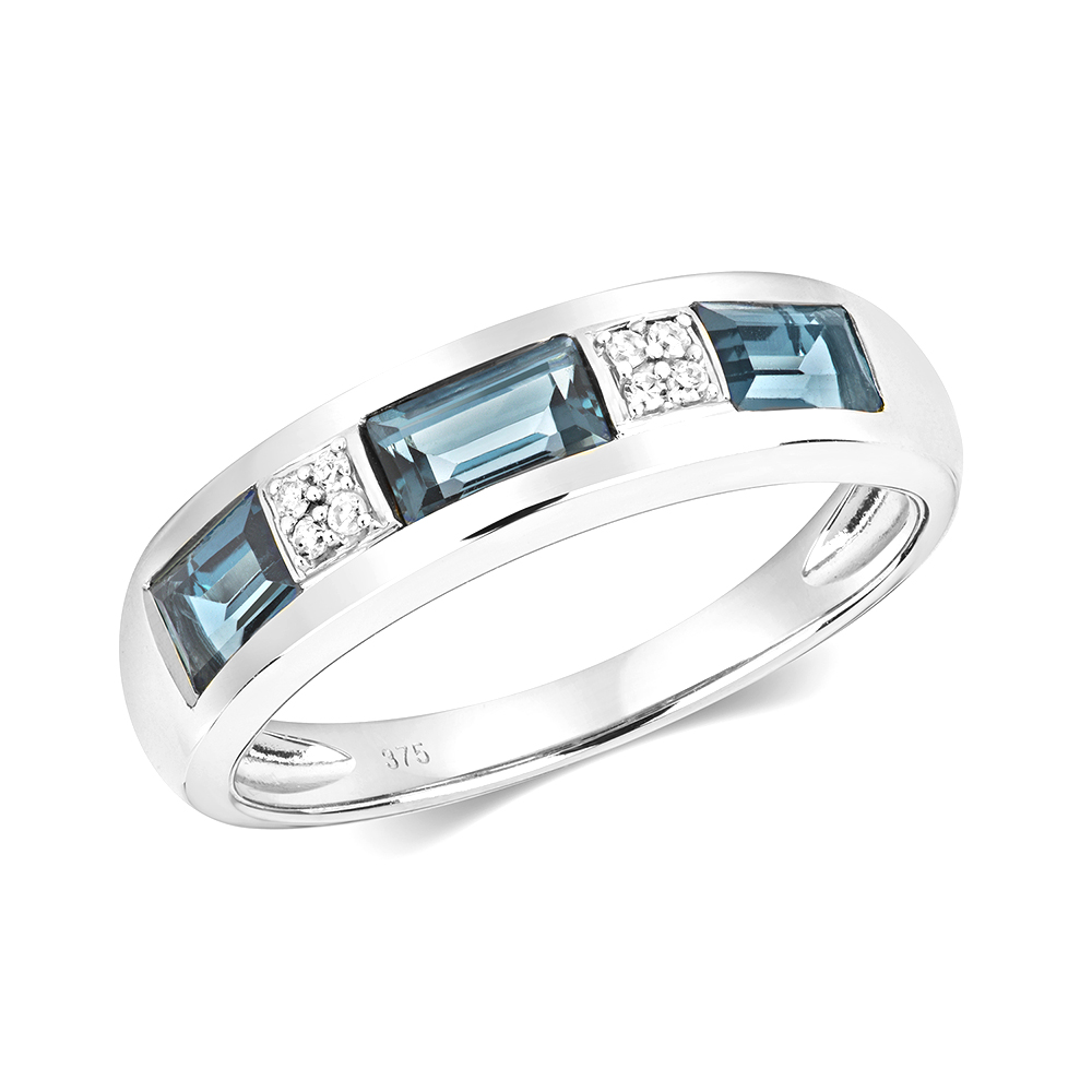 channel setting baguette color stone and round diamond ring