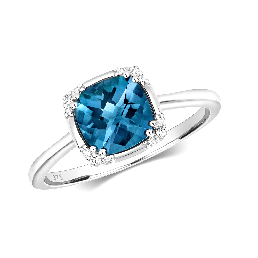 double prong setting cushion shape color stone and side round diamond ring