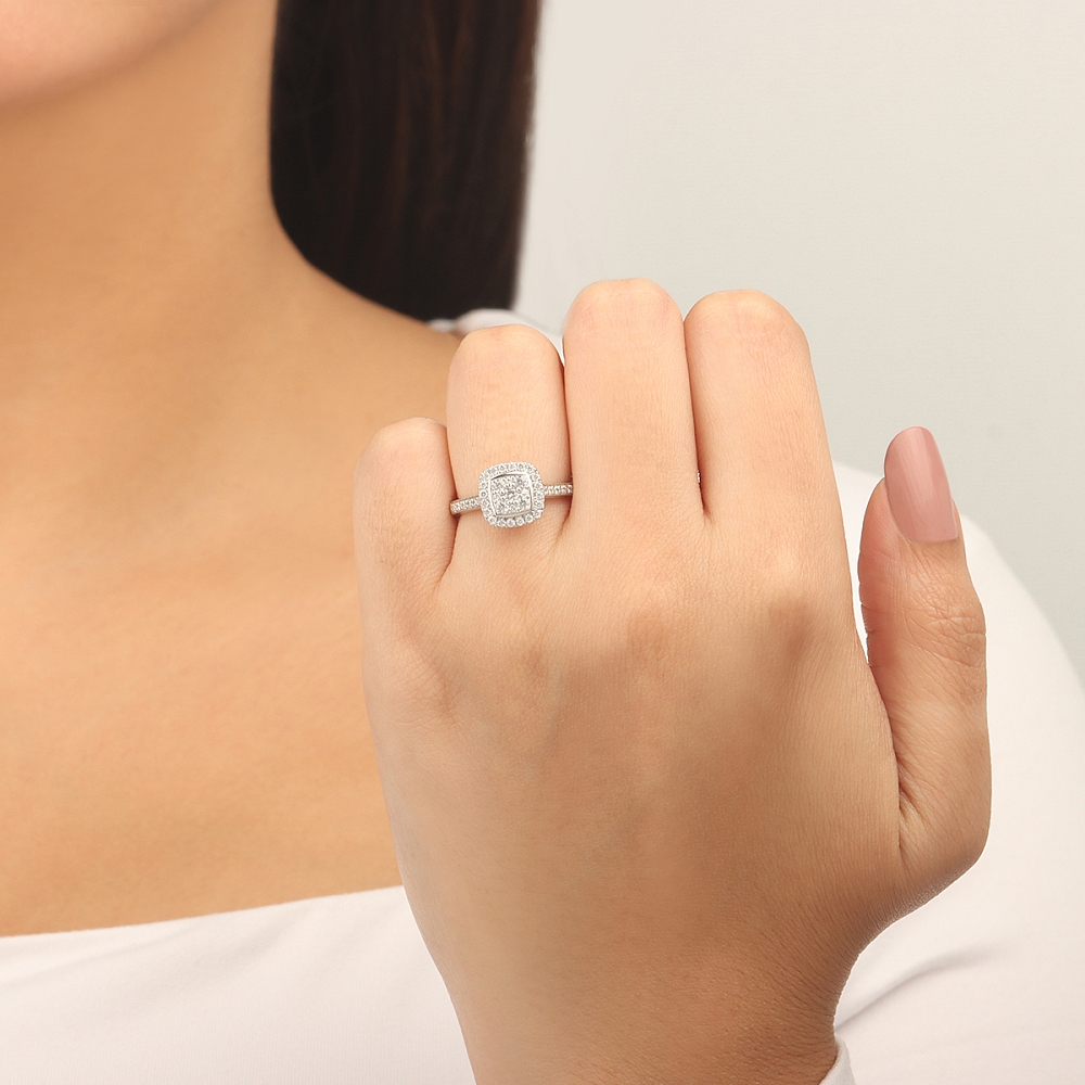 Pave Setting Round Shaped cushion halo Moissanite Engagement Rings