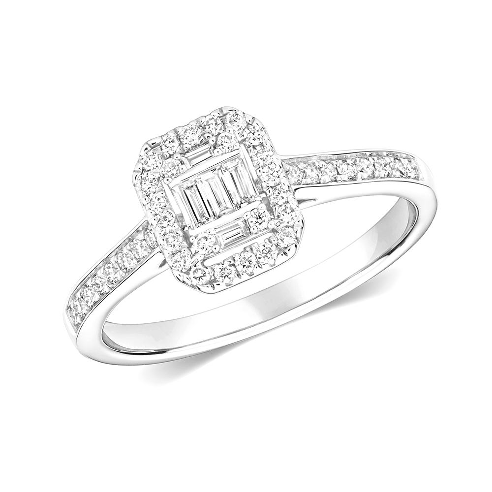 pave setting round and baguette diamond cluster ring