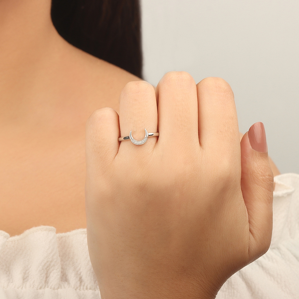 Pave Setting Round Crescent moon Engagement Rings