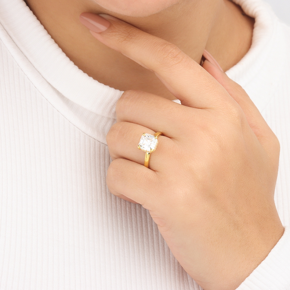 Asscher Hidden halo plain shoulder Engagement Rings
